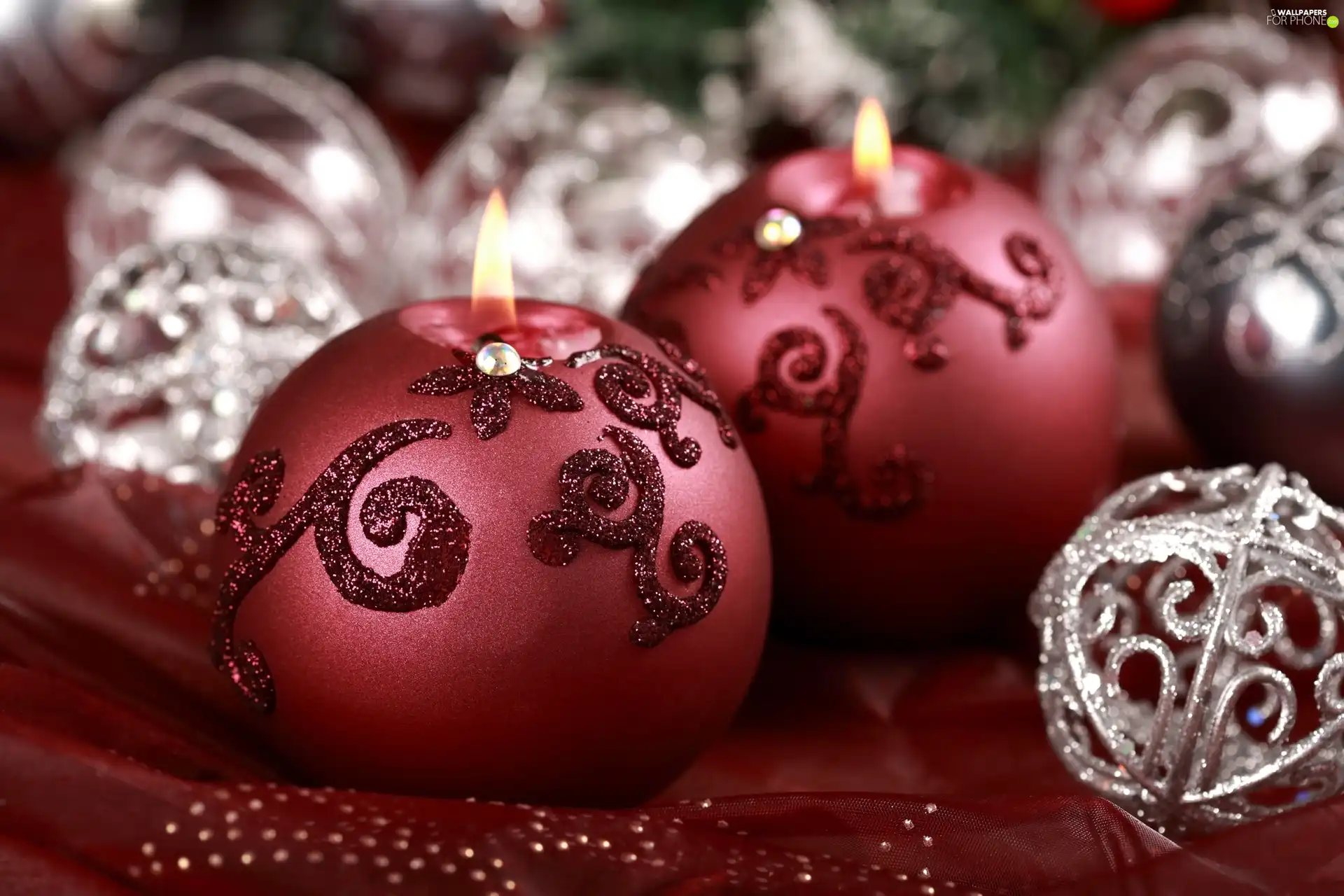 claret, baubles, decoration, Christmas, Candles, brocade