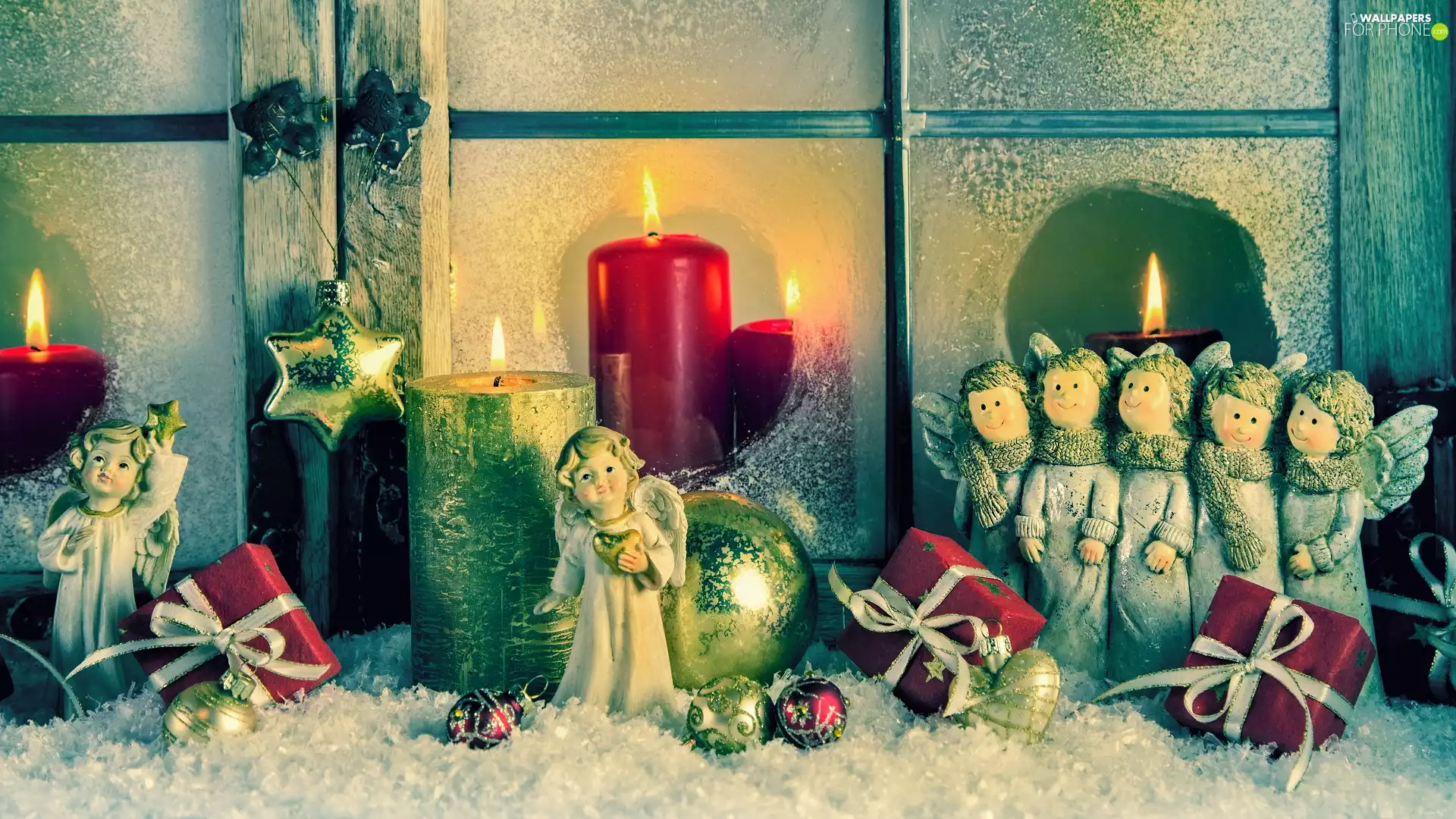 Christmas, composition, angels, Candles, snow, Christmas, gifts, Window, baubles