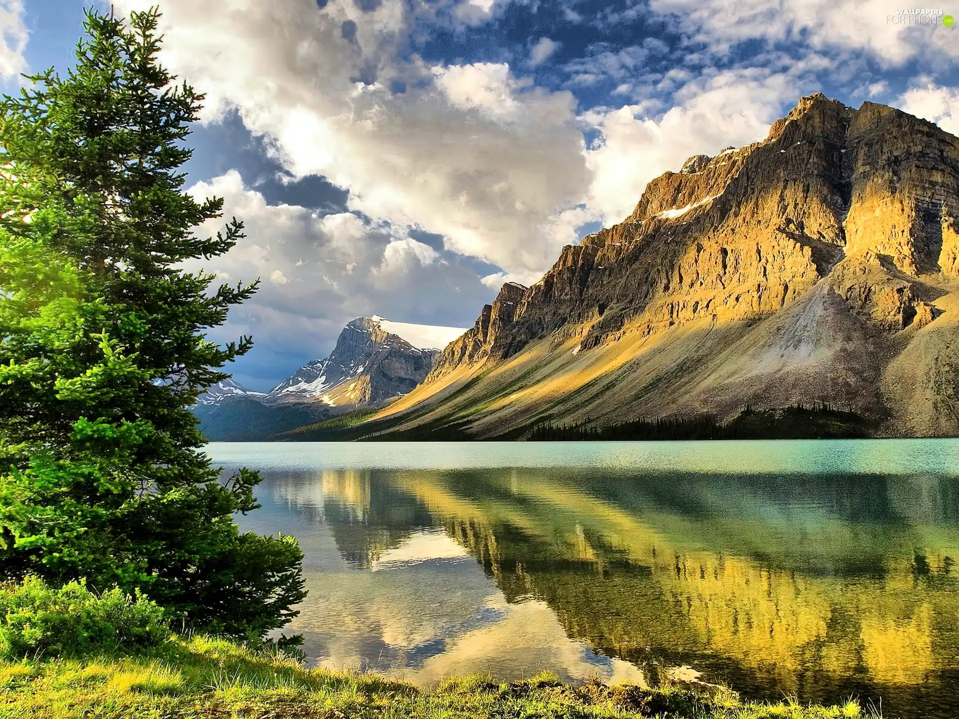 Mountains, lake, christmas tree, clouds