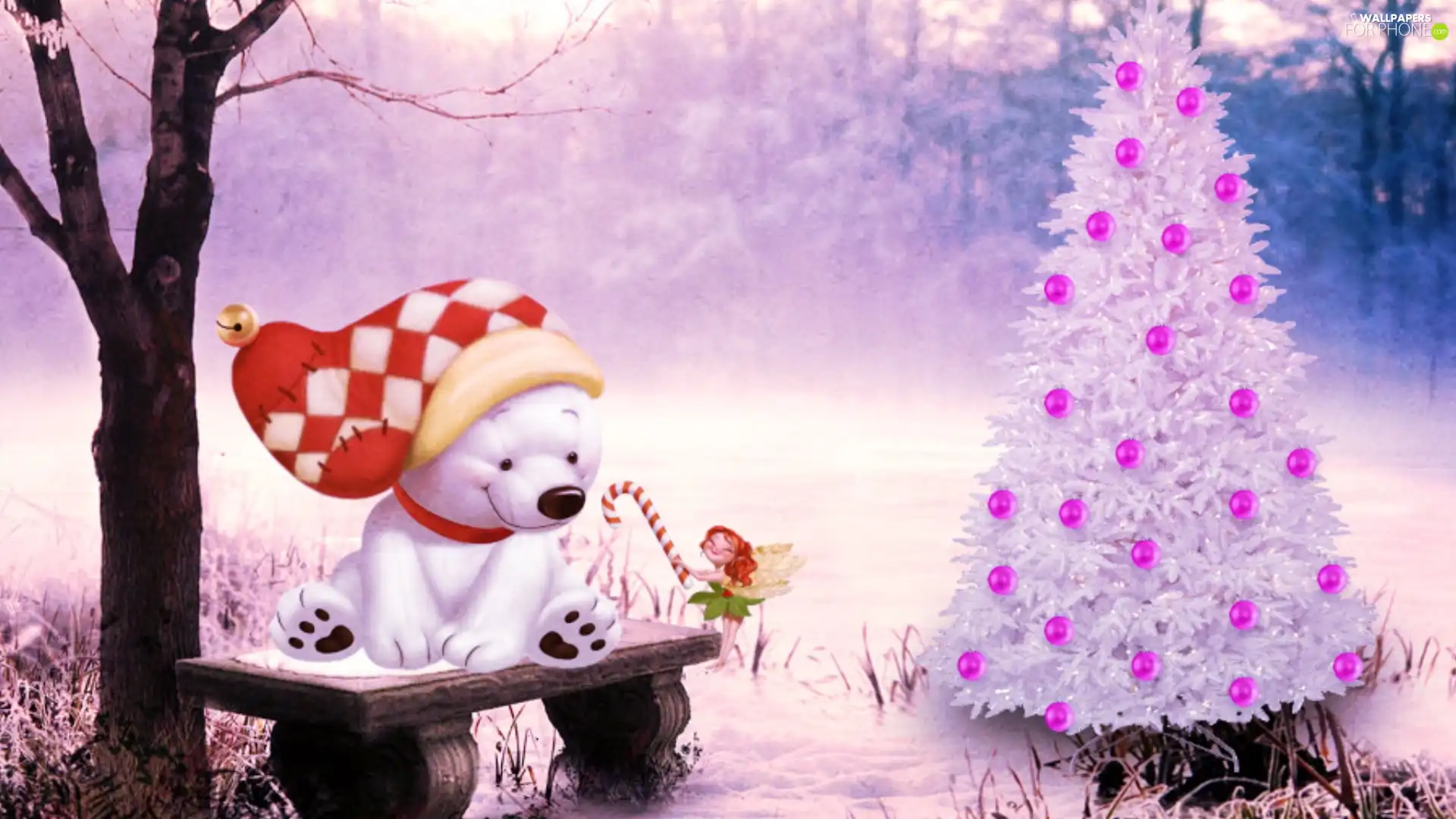 forest, teddy bear, christmas tree