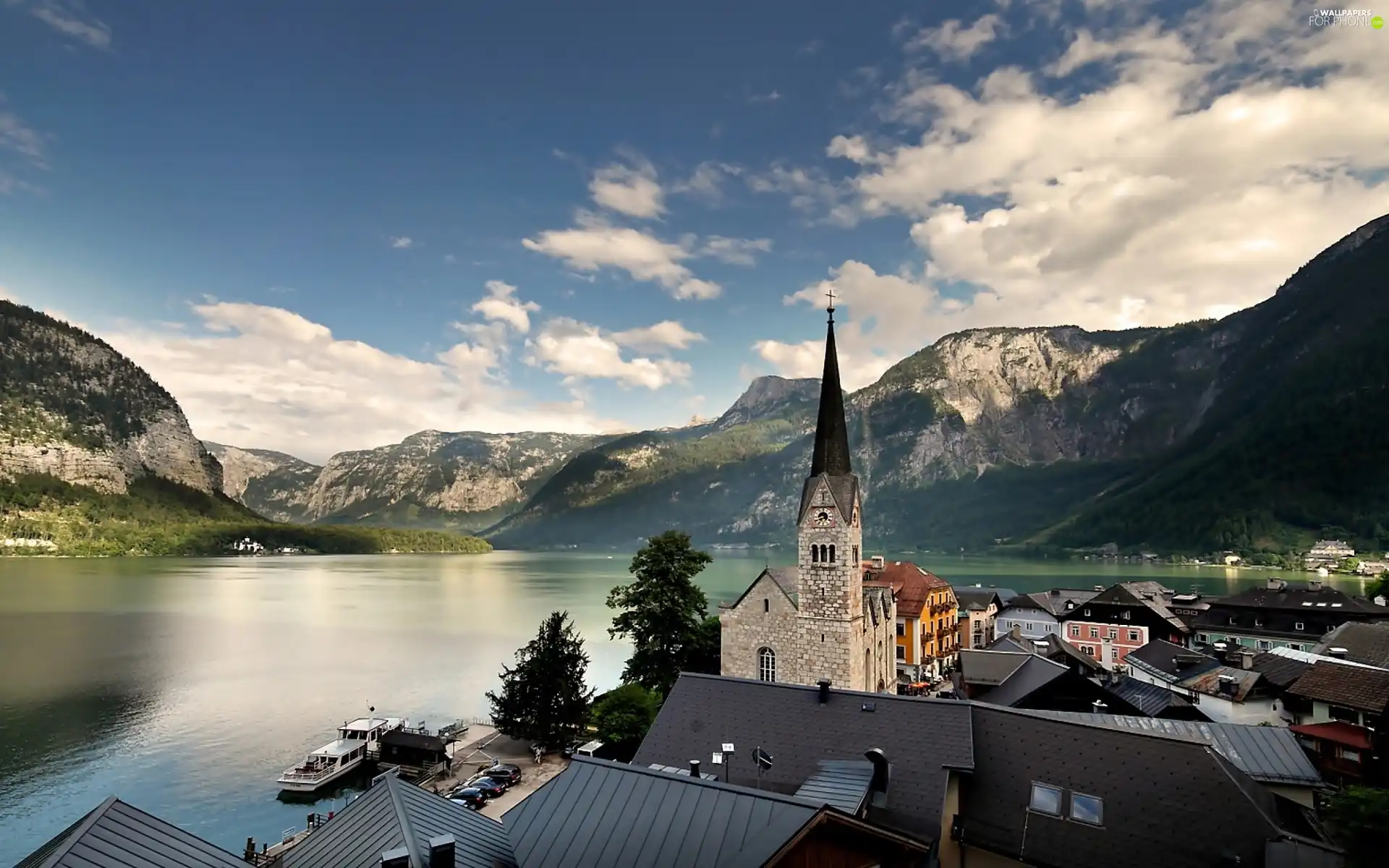 lake, Town, church, Mountains