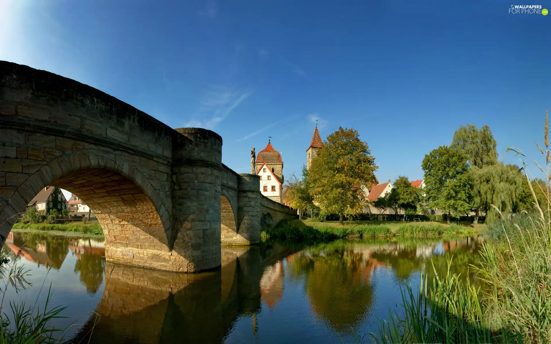 Sky, bridge, Church, River