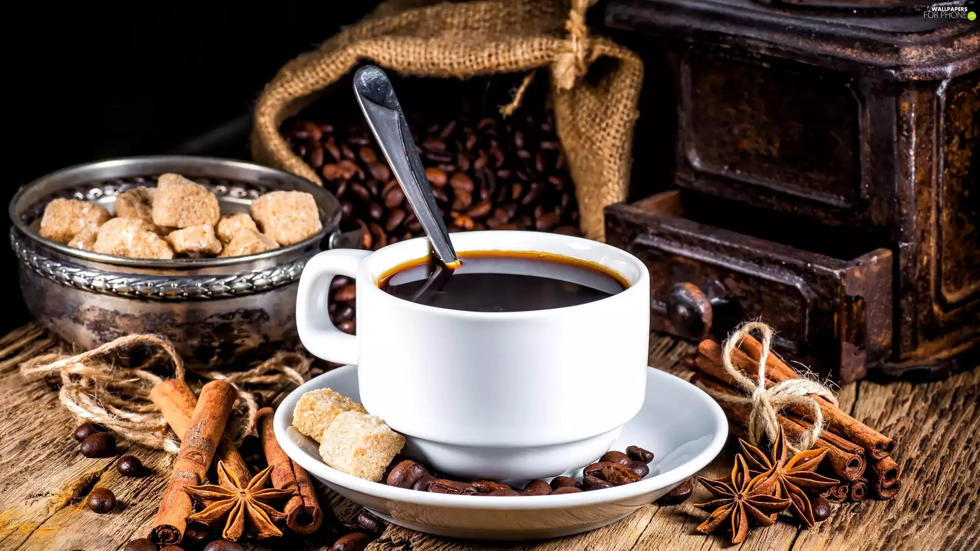 grains, bag, sugar, mill, bowl, coffee, cup, cinnamon