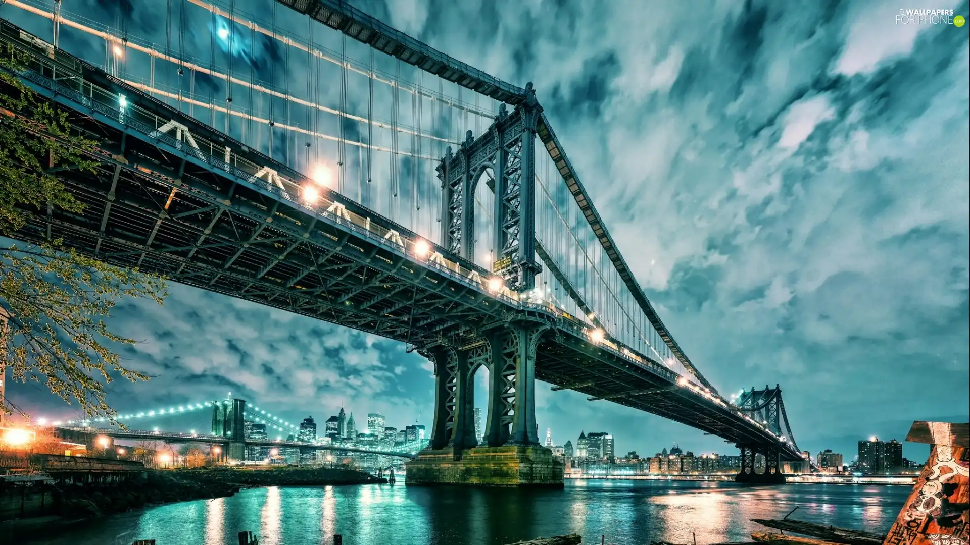 bridge, Sky, City at Night, River