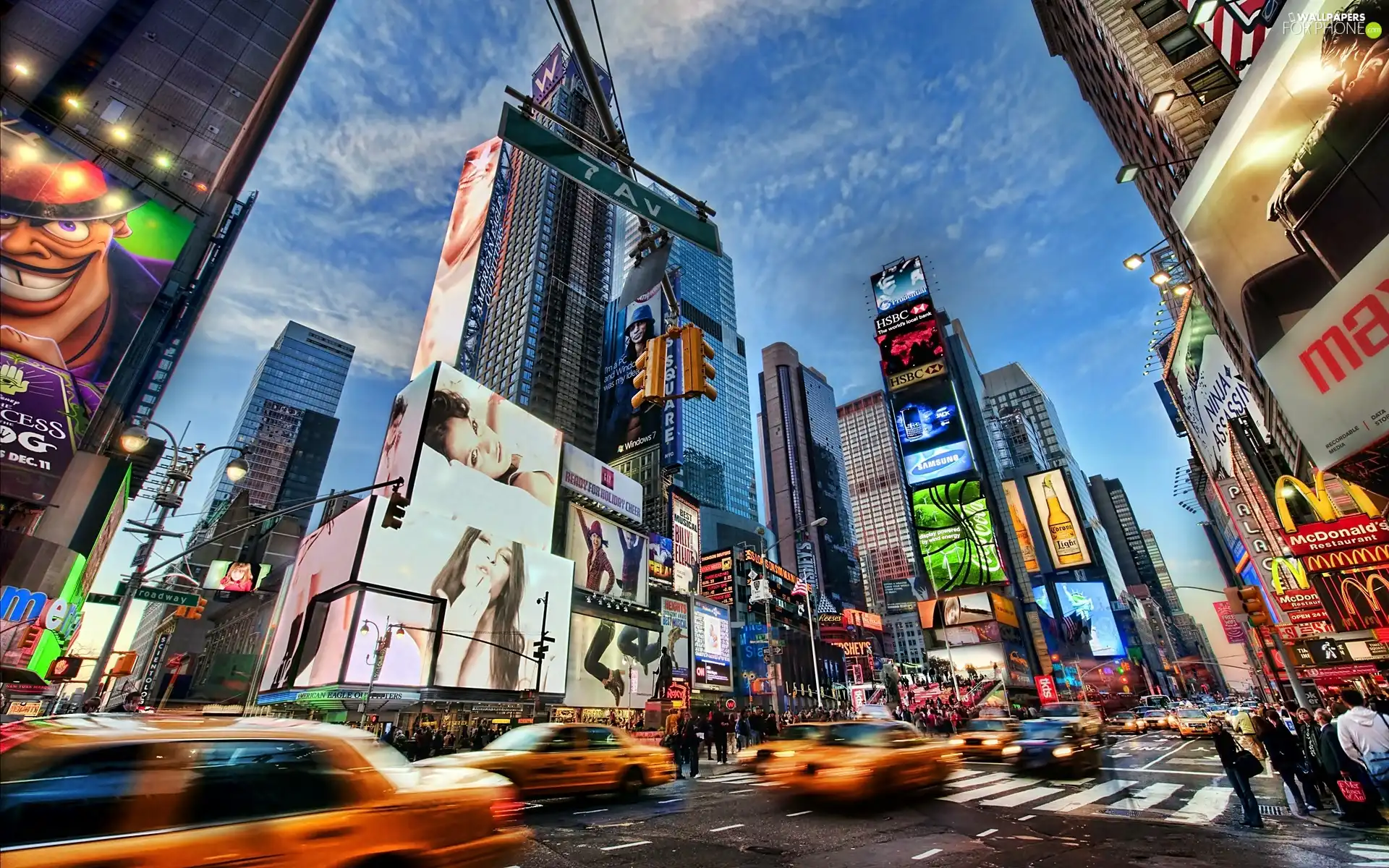 clouds, advertising, 7 Avenue, skyscrapers, Manhattan