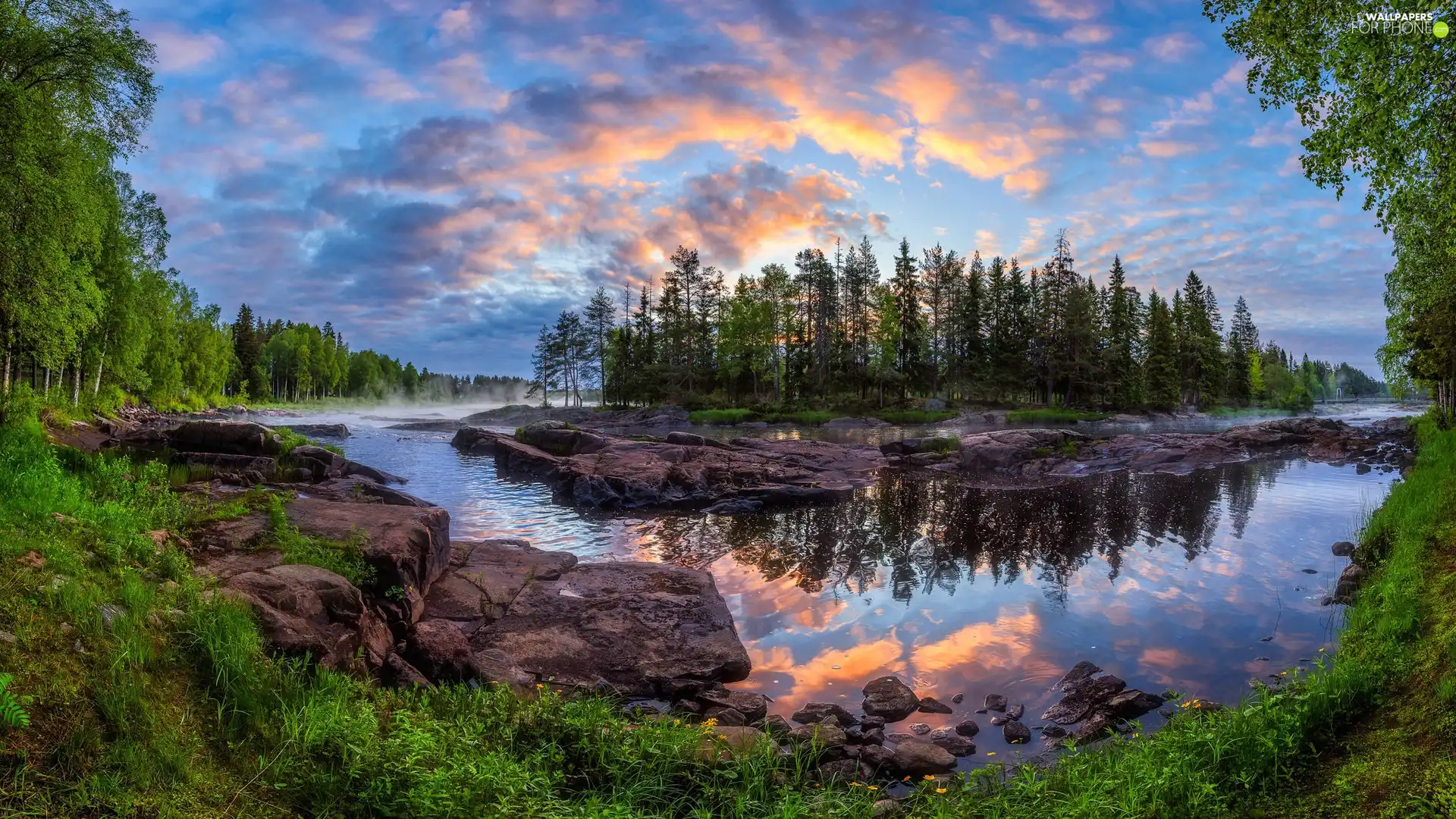 coast, Koiteli Area, Finland, rocks, trees, Kiiminkijoki River, Kiiminki, clouds, Stones, viewes