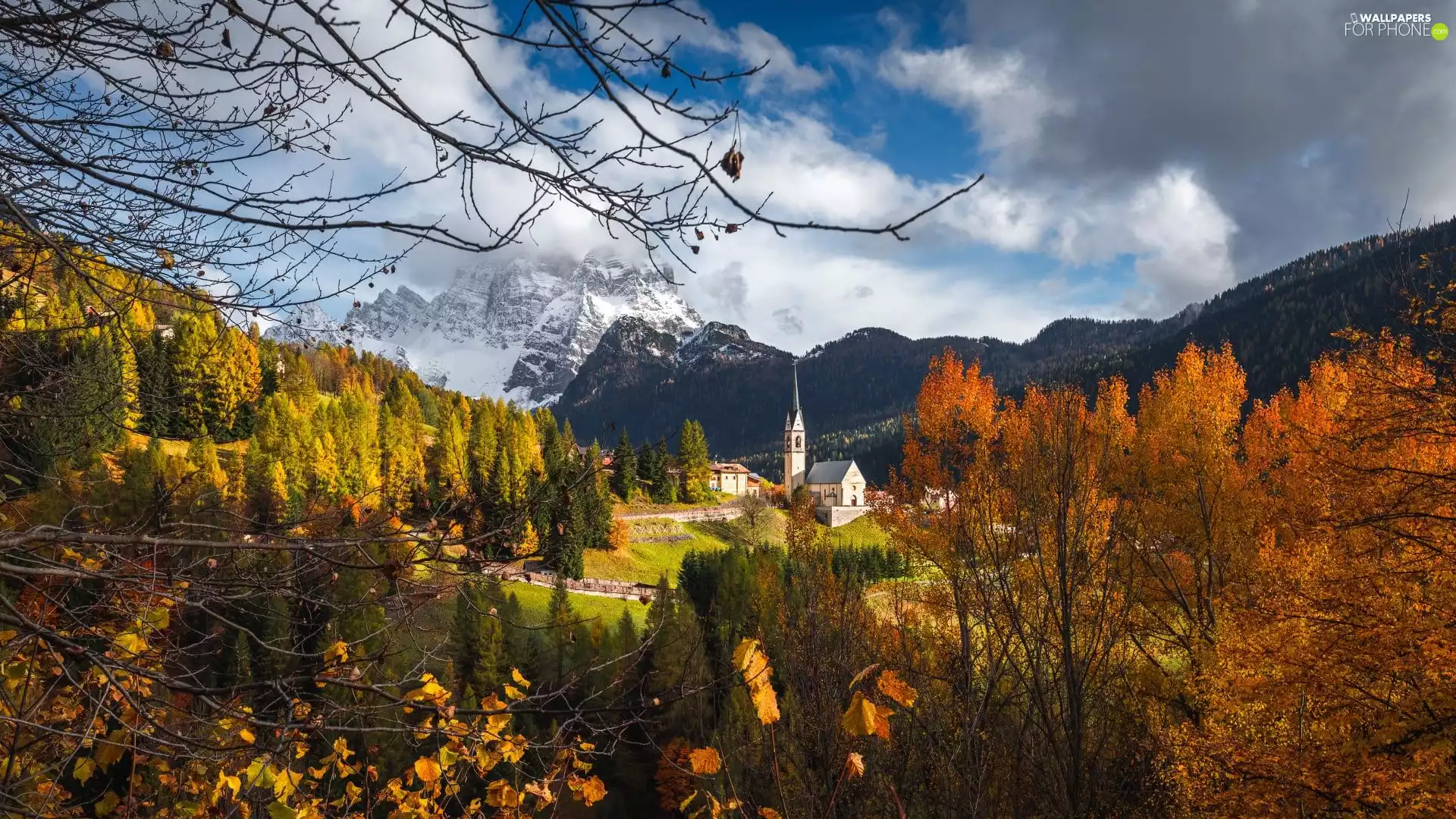 viewes, trees, autumn, Houses, Church, clouds, Val di Funes Valley, Mountains, Italy, clouds, Village of Santa Maddalena, Dolomites