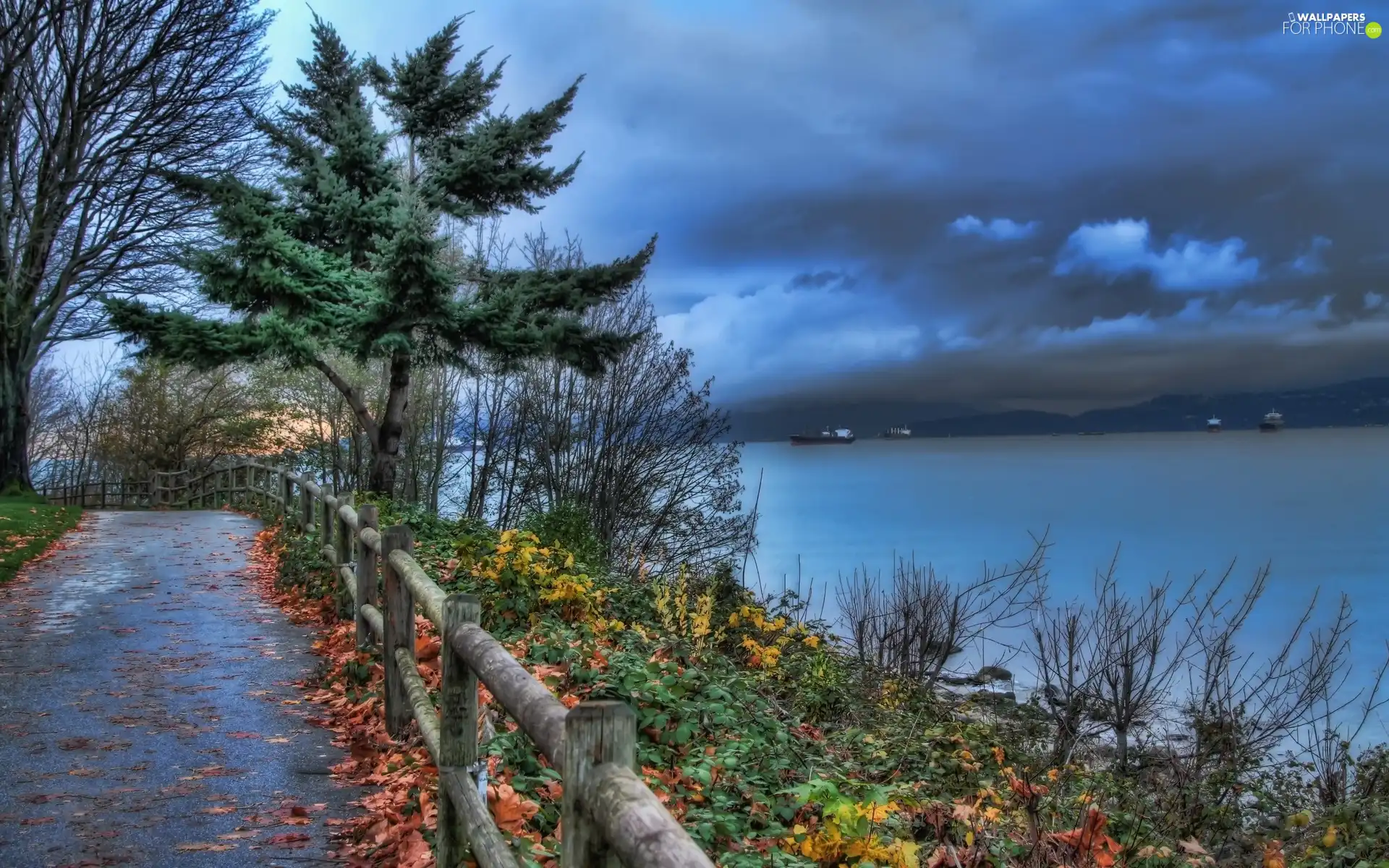 clouds, autumn, vessels, Way, River