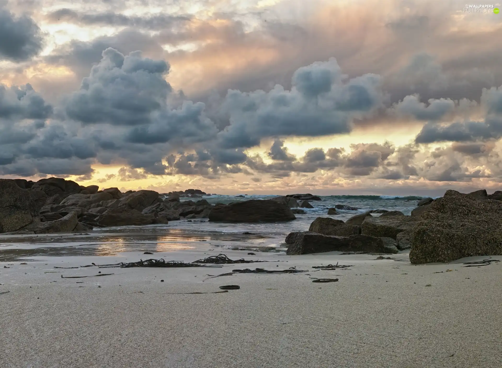 Beaches, rocks, clouds, Sand