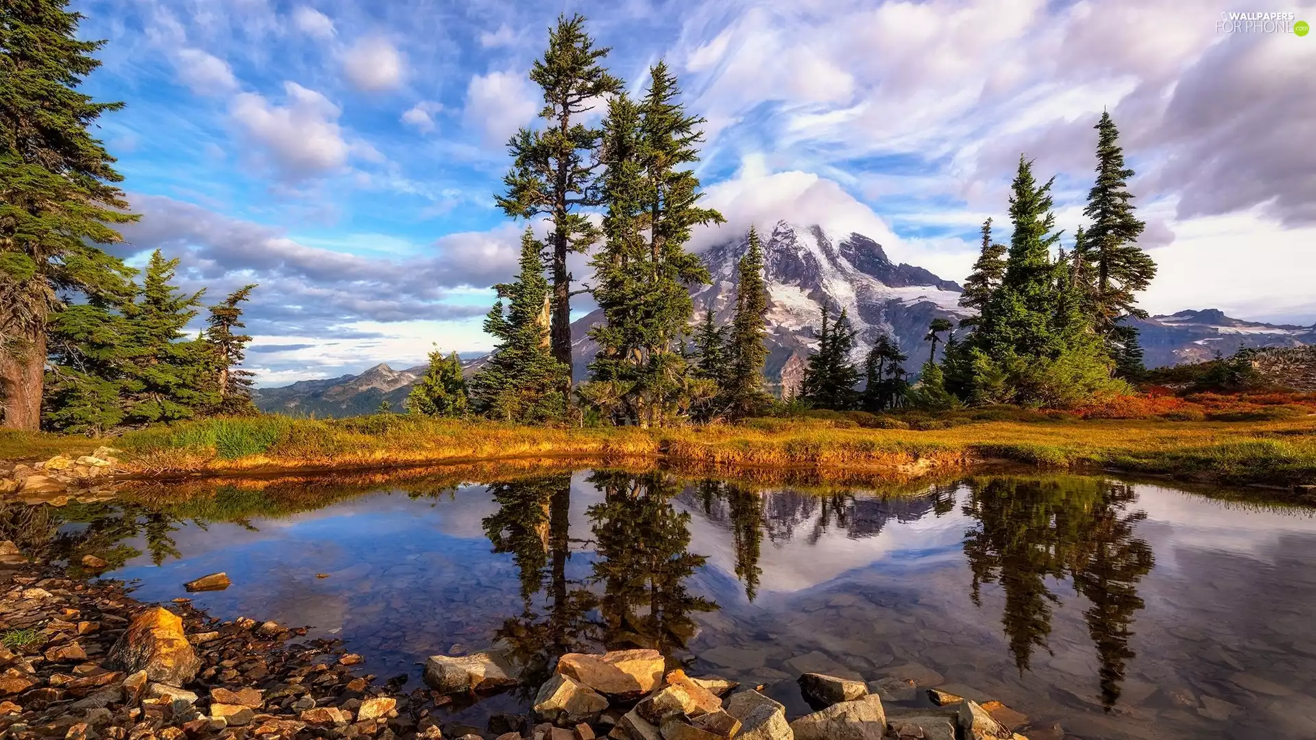 clouds, Fog, reflection, Stones, viewes, Pond - car, Mountains, trees
