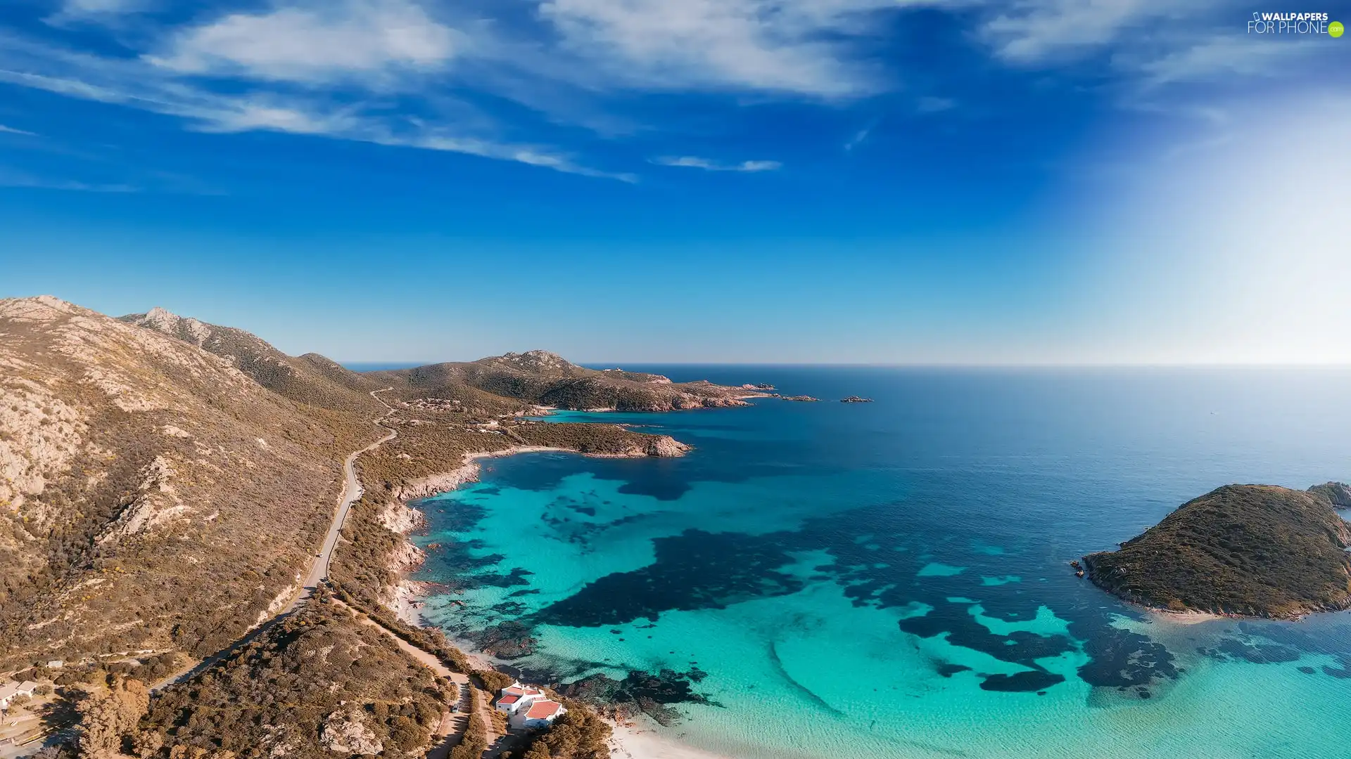 Mountains, sea, Way, clouds, Houses, Coast