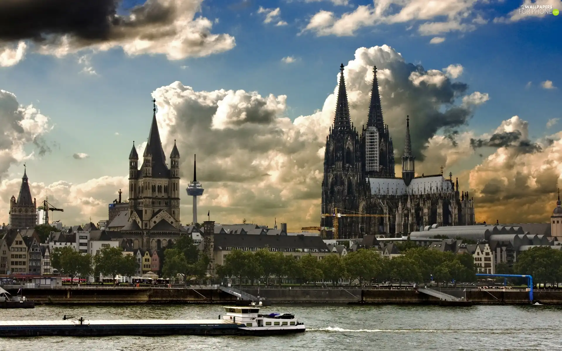 Cologne, River, clouds, chair