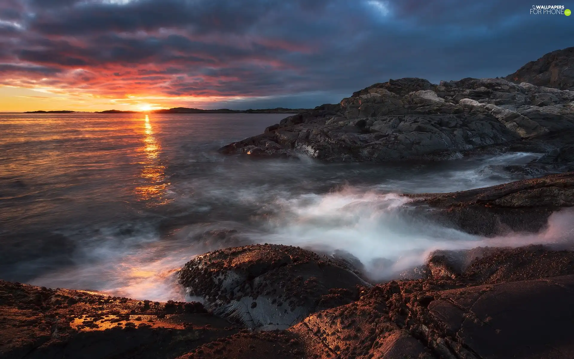 rocks, sea, dark, clouds, Great Sunsets, Coast