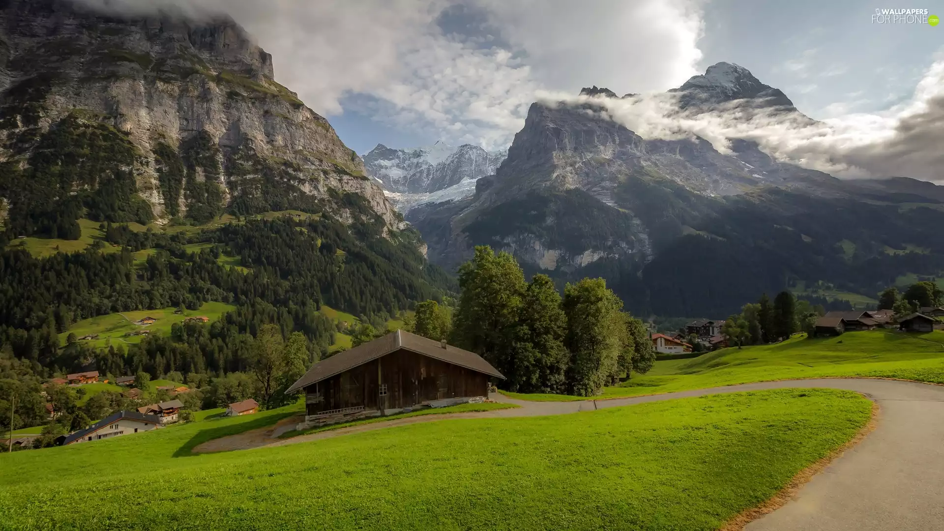 Houses, clouds, forest, Way, Mountains