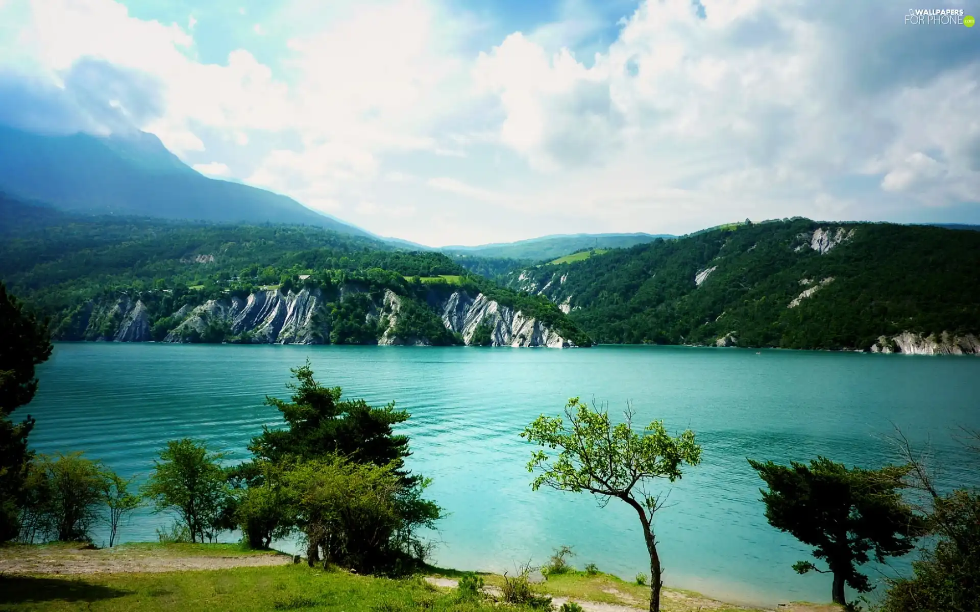 forest, rocks, clouds, lake