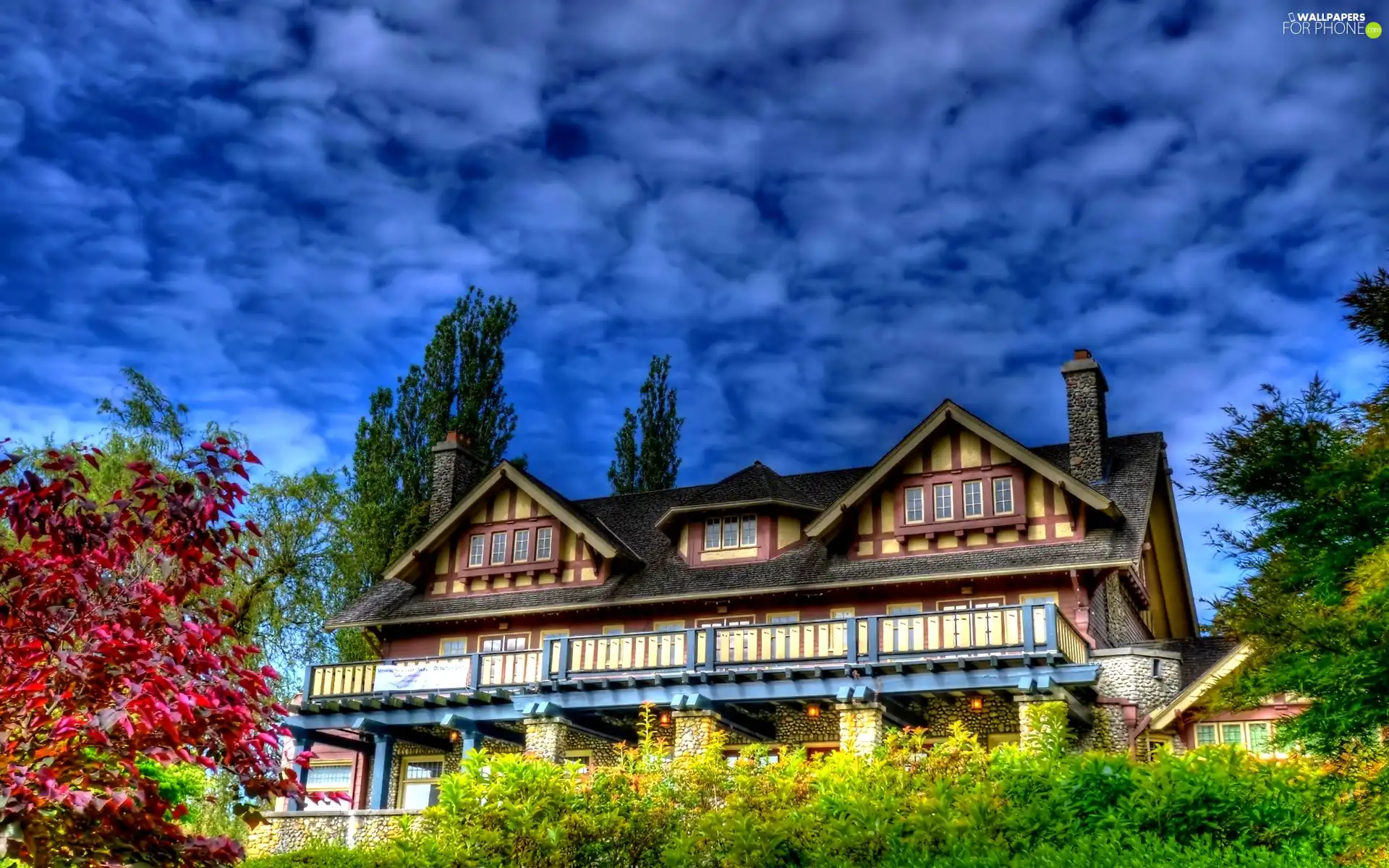 clouds, house, Garden