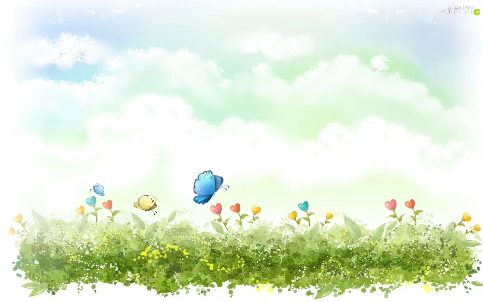 heart, Meadow, clouds, graphics, butterfly, Flowers