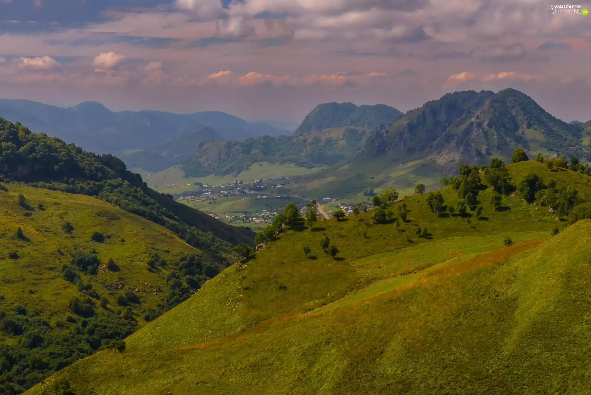 Valley, The Hills, viewes, Mountains, forested, trees, clouds