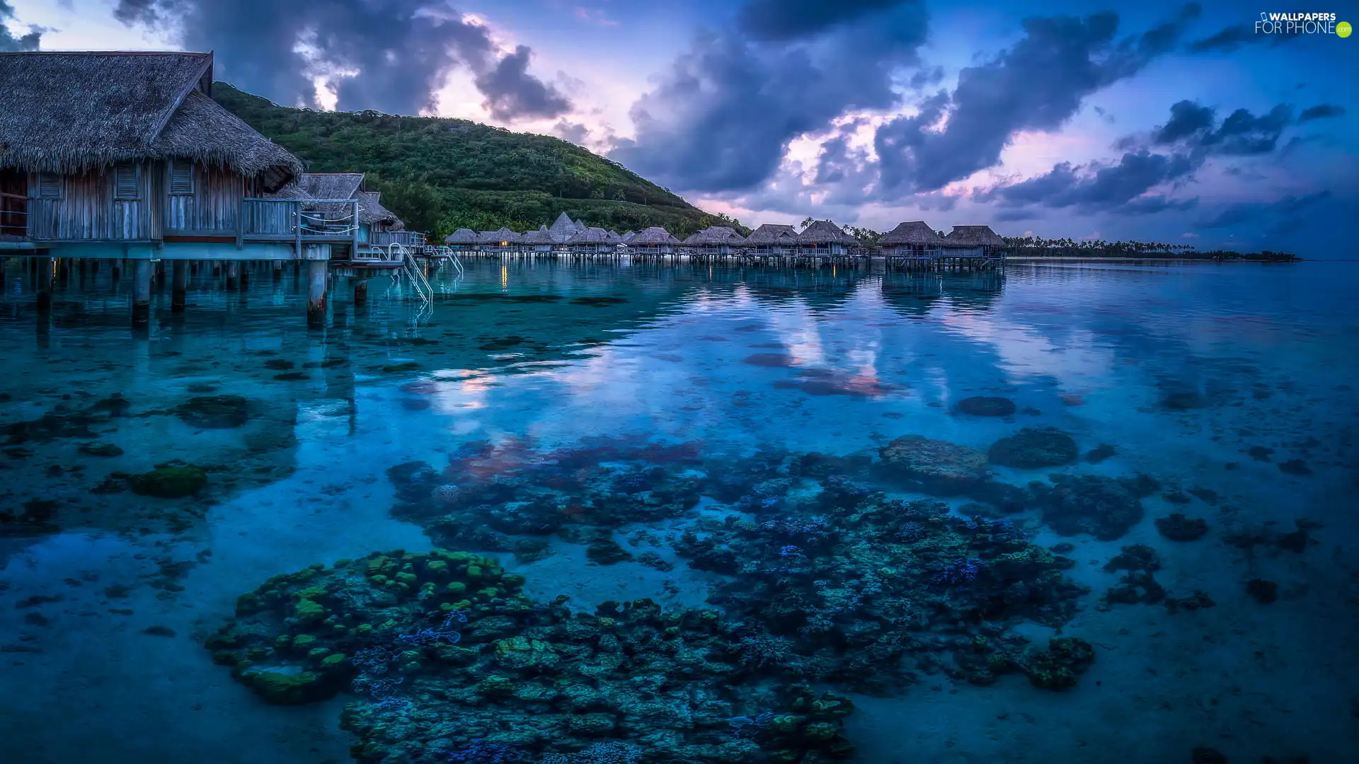 clouds, sea, French Polynesia, Pacific Ocean, Houses, Tahiti, France