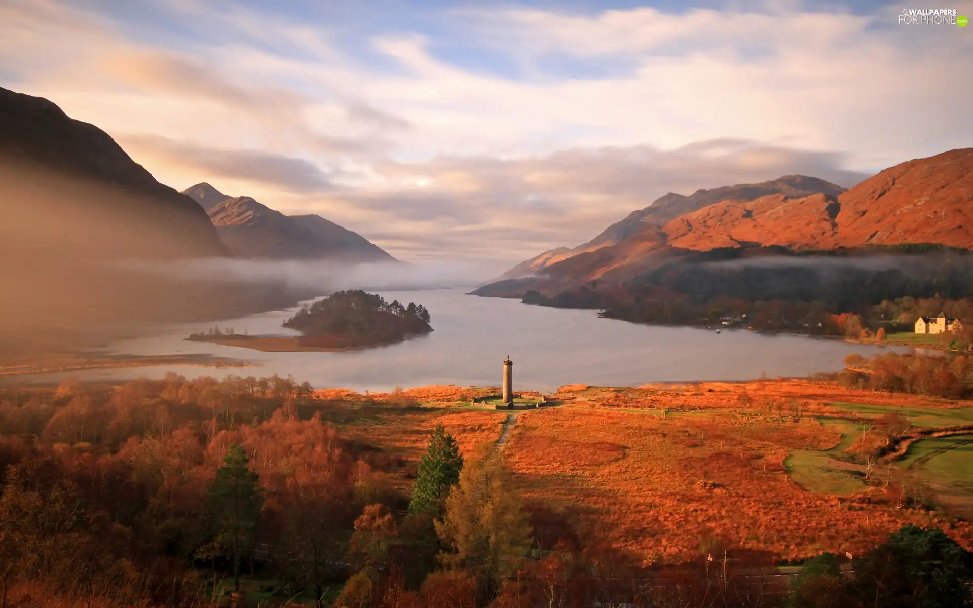 lake, Fog, clouds, Mountains