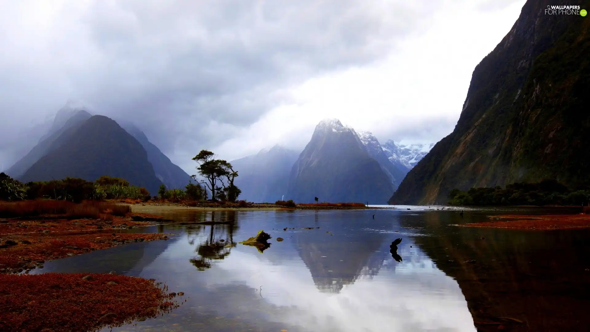 clouds, Mountains, lake