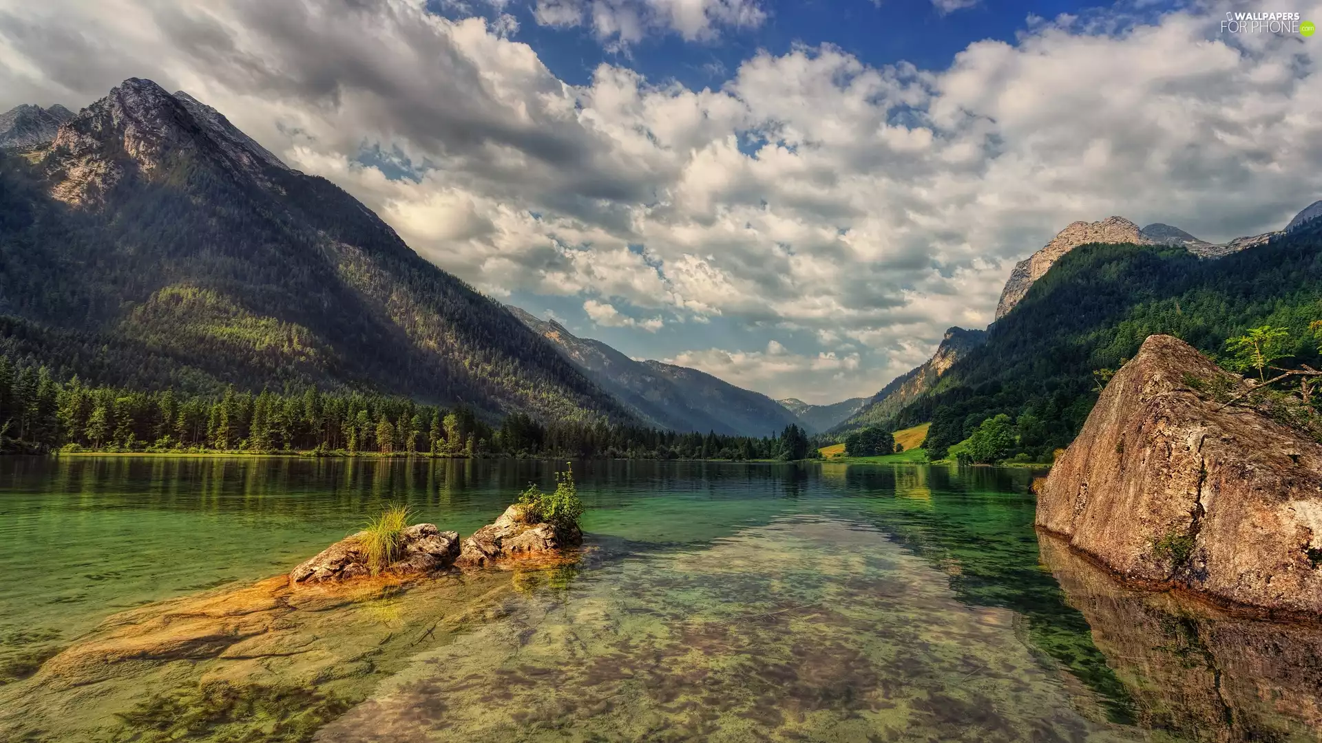 rocks, clouds, lake, forest, Mountains
