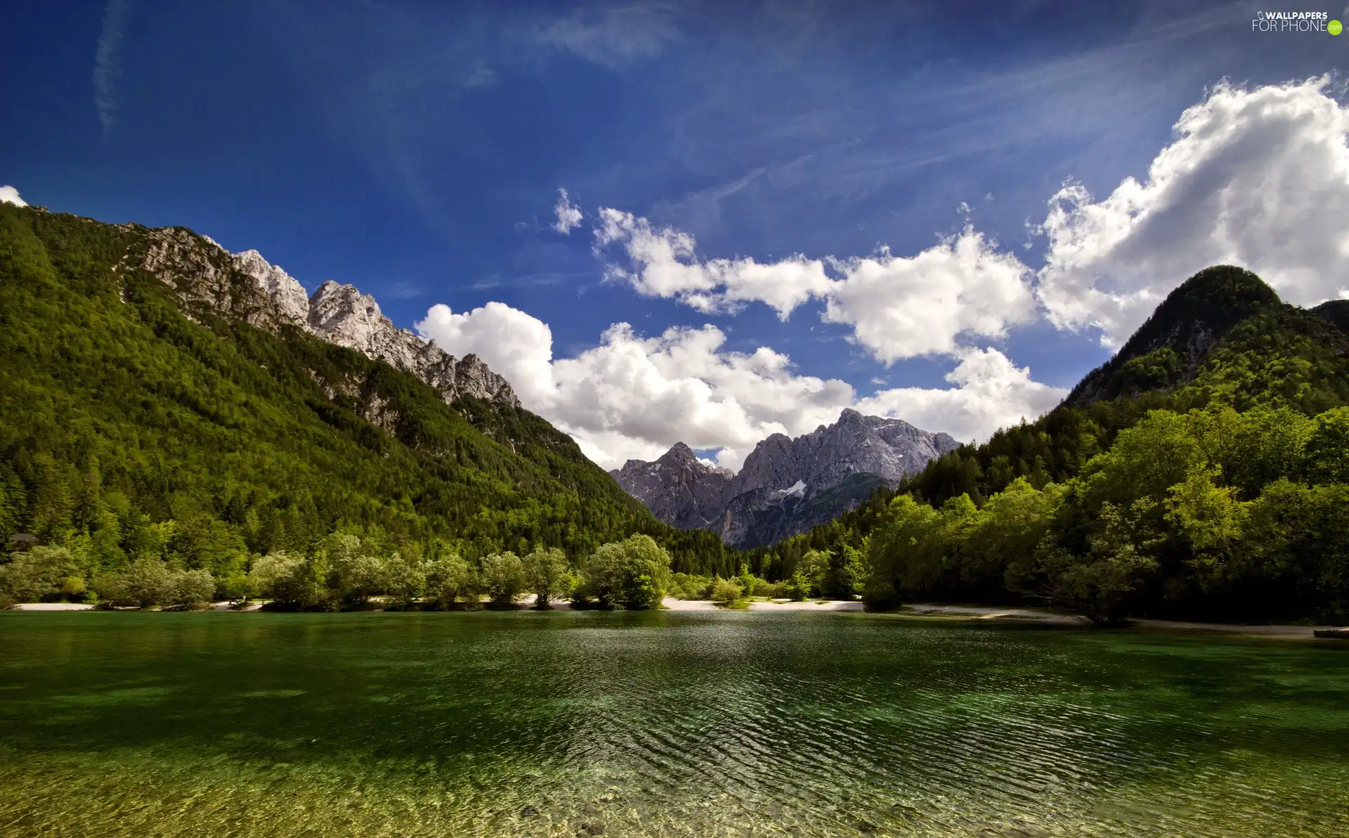 lake, Mountains, clouds, woods