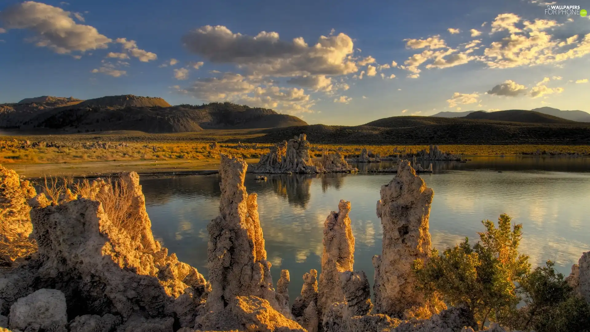 lake, Sky, clouds, rocks