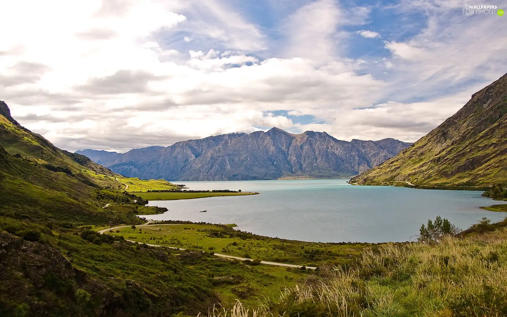 lake, White, clouds, Mountains