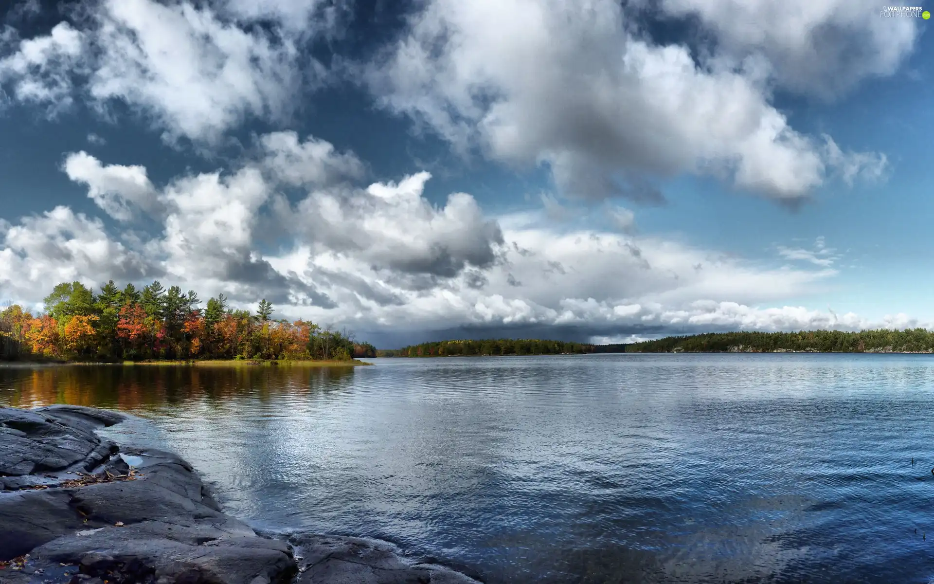 lakes, woods, clouds, Stones