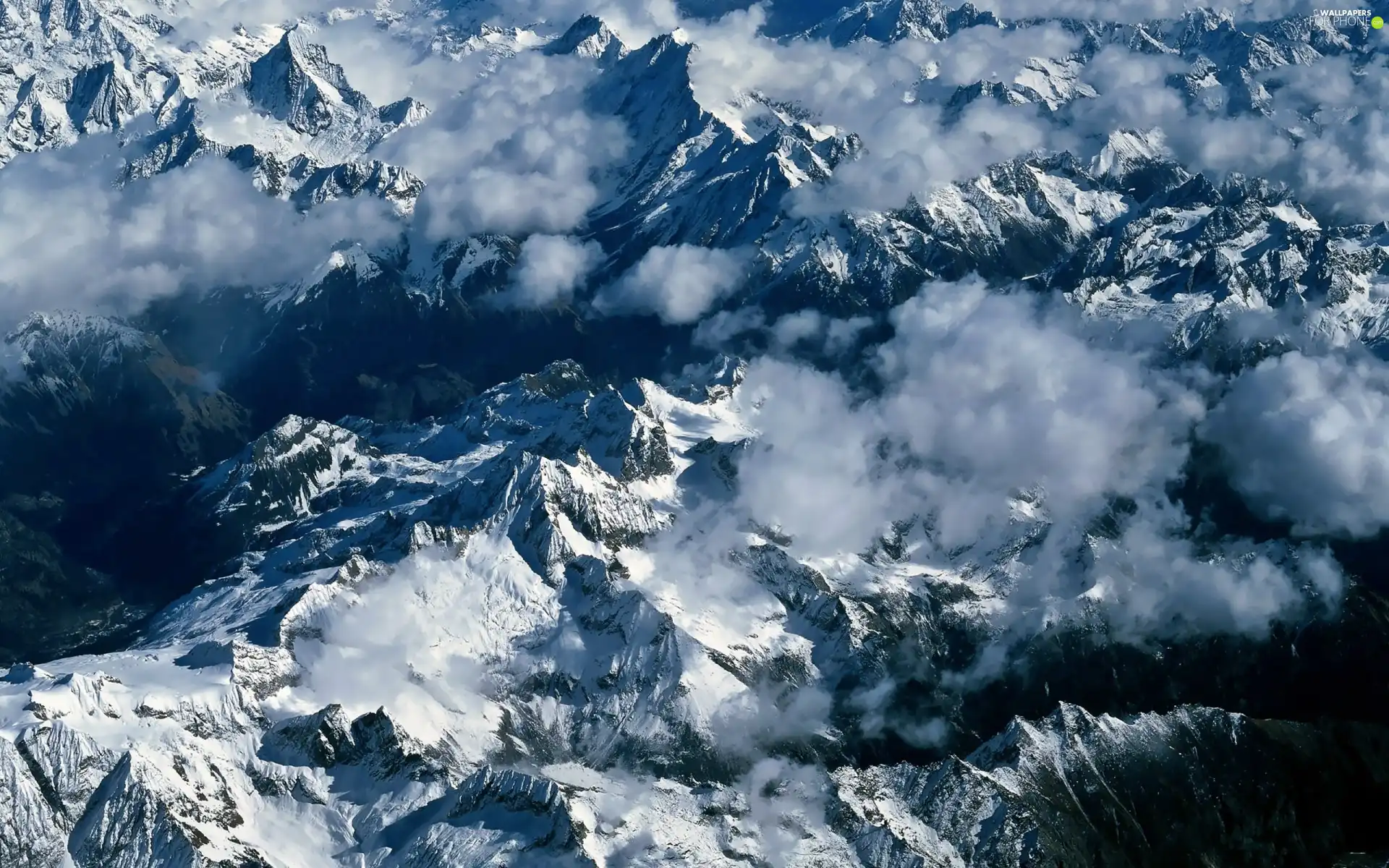 peaks, Mountains, clouds, winter, flash, luminosity, ligh, sun, Przebijające