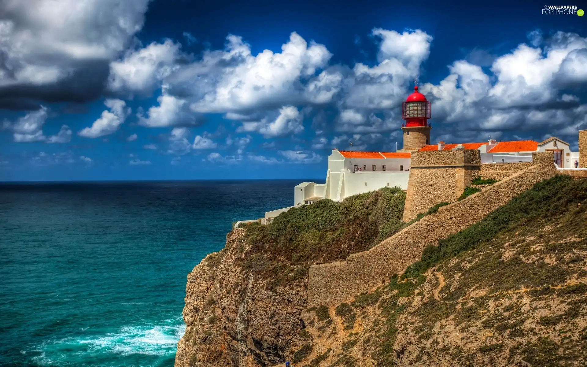 Lighthouse, Rocks, clouds, maritime