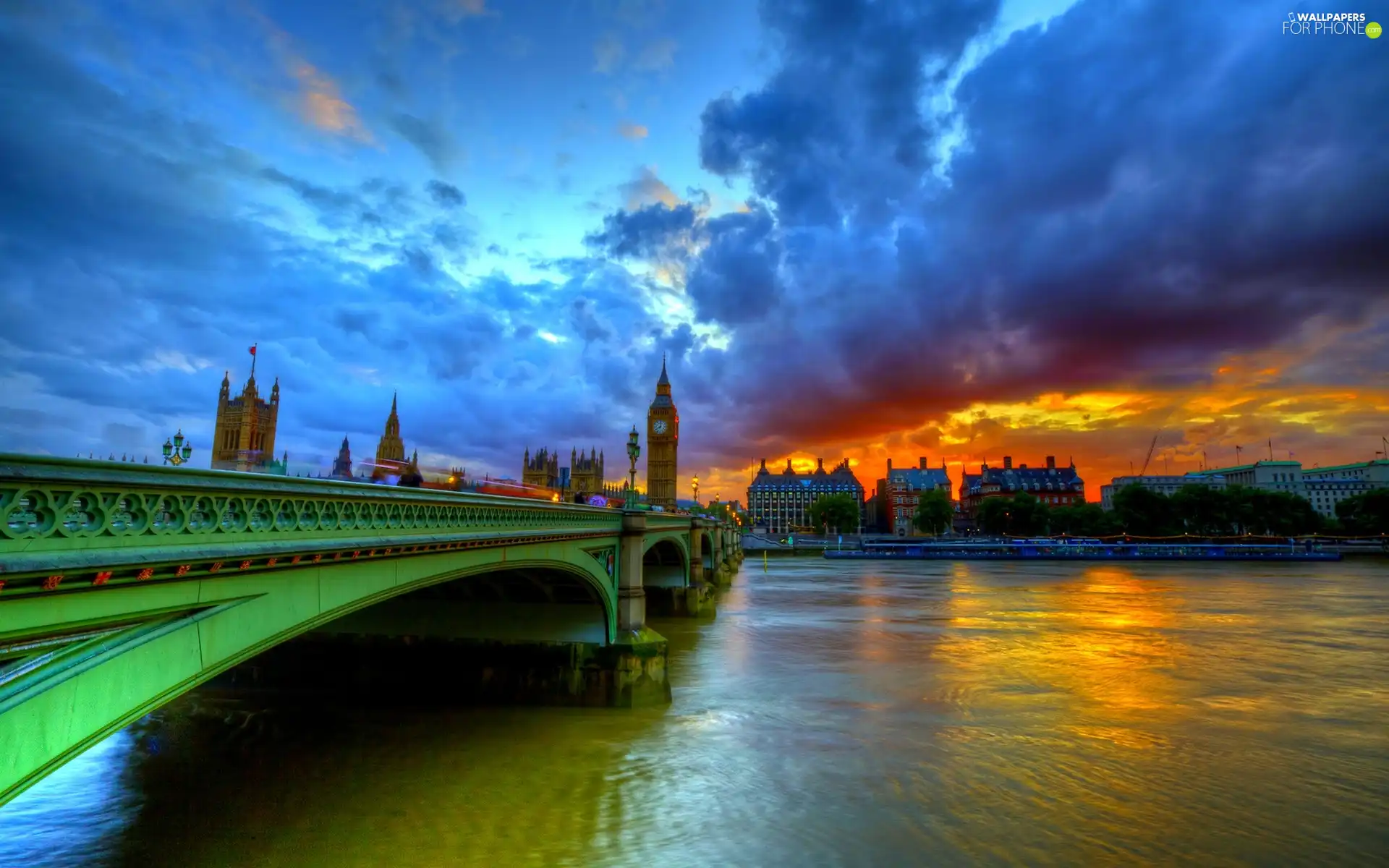 clouds, bridge, London, England, Great Sunsets, River