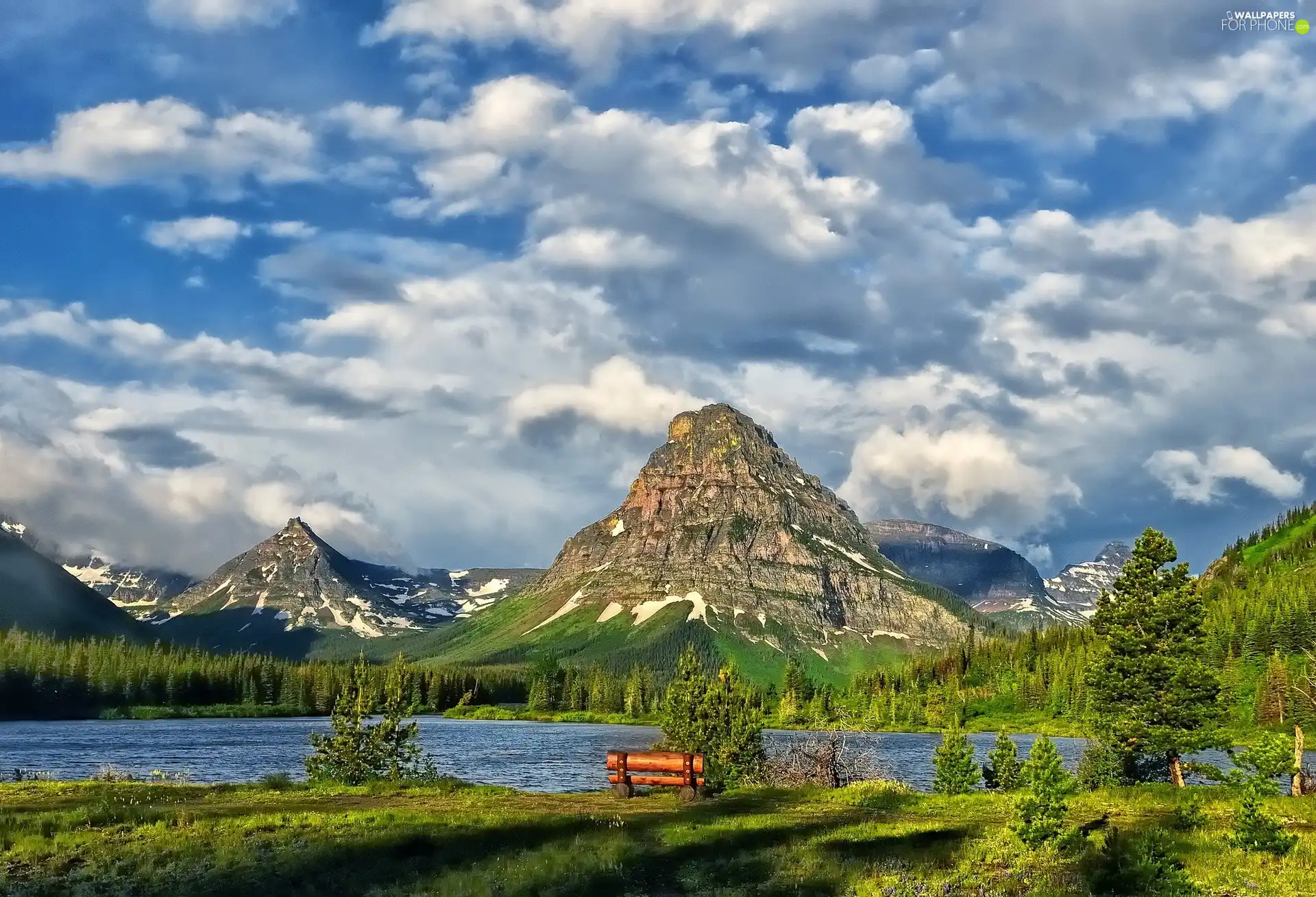 Mountains, Bench, clouds, lake