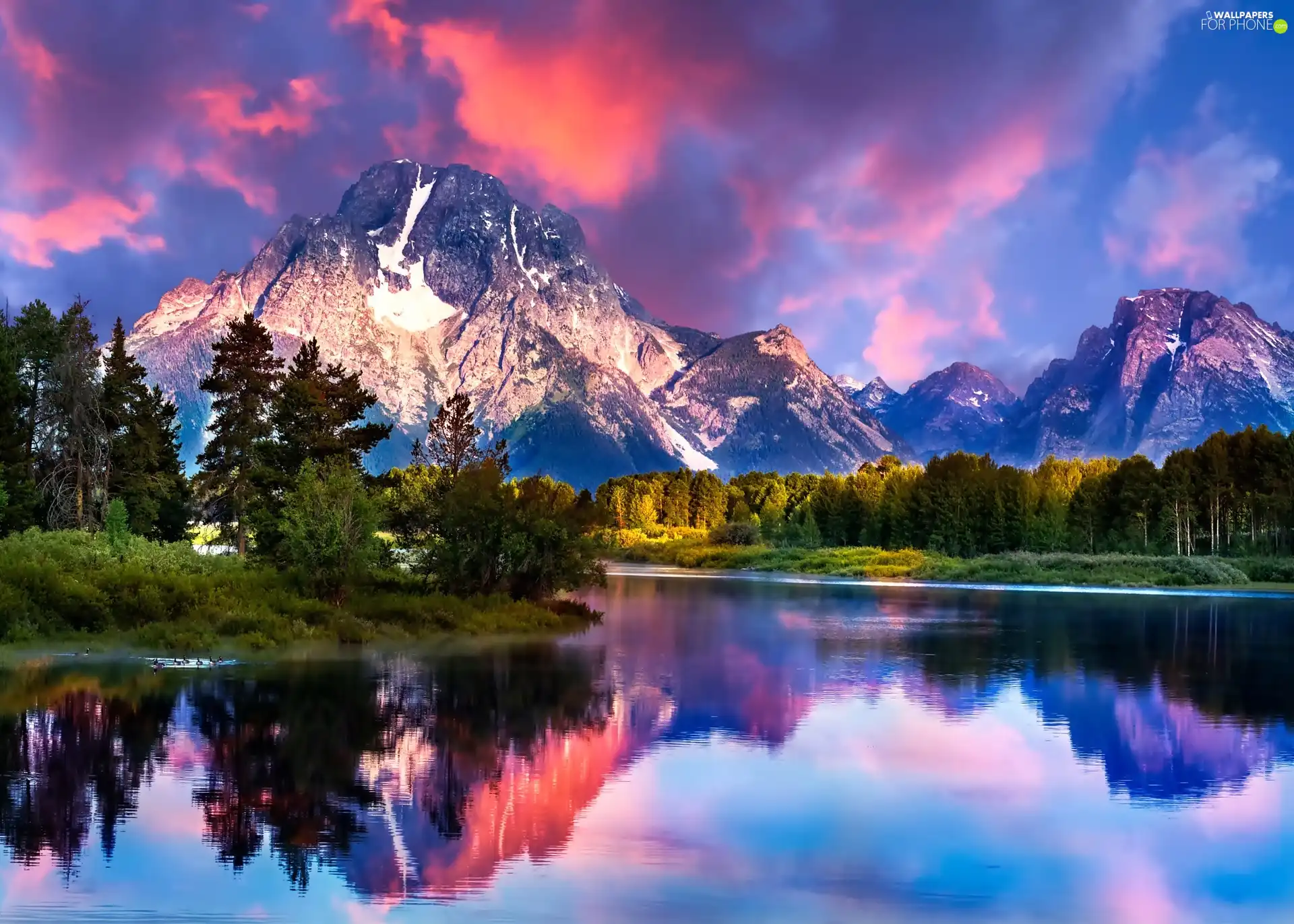 Mountains, forest, clouds, River