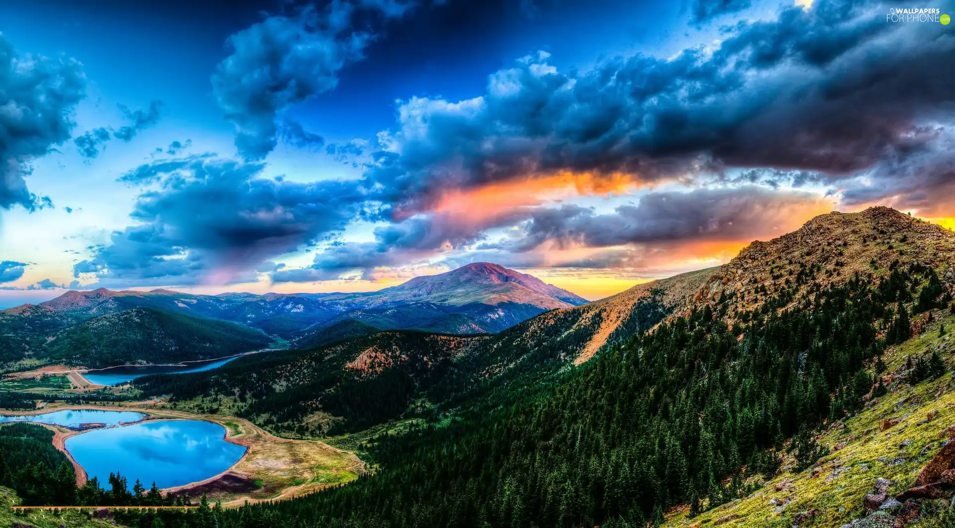 Mountains, lakes, clouds, woods