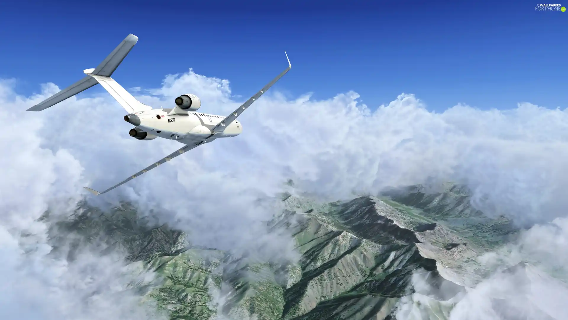 clouds, plane, Mountains