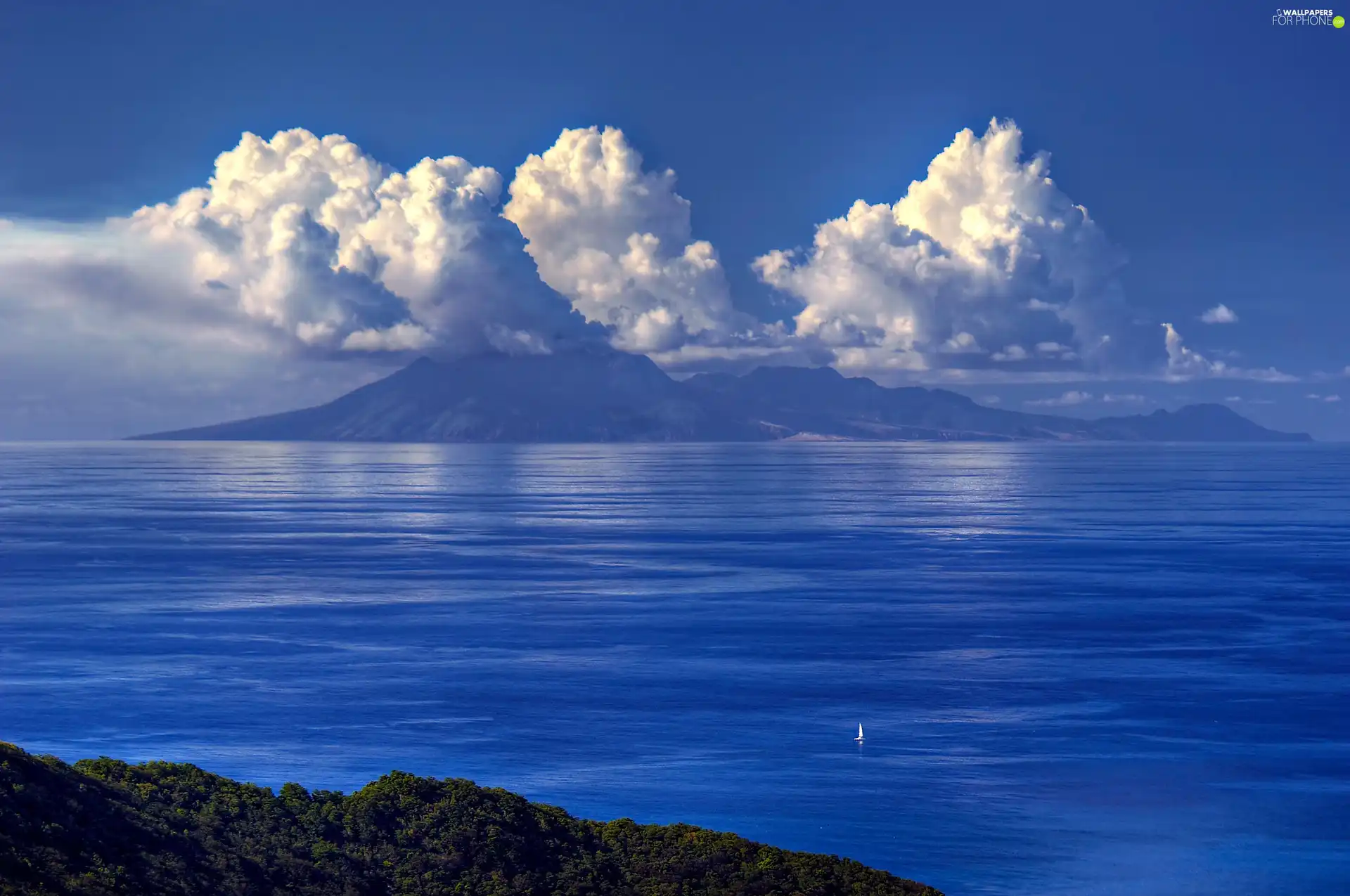 clouds, sea, Mountains