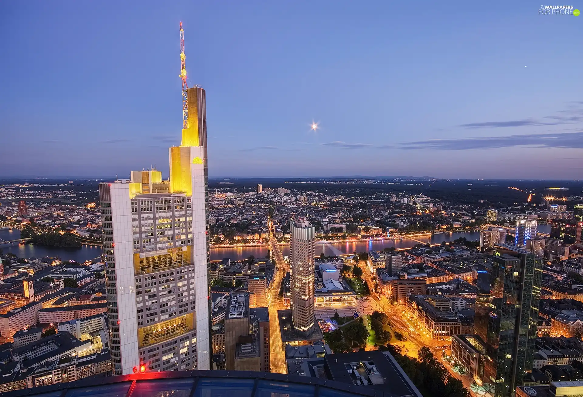 clouds, Night, Nad Menem, scraper, Frankfurt