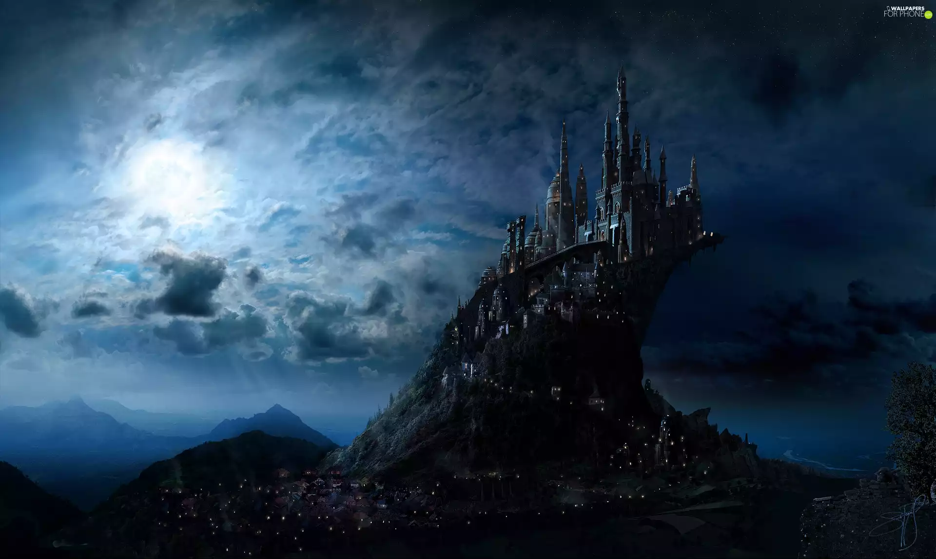 fantasy, clouds, Night, Hogwarts Castle