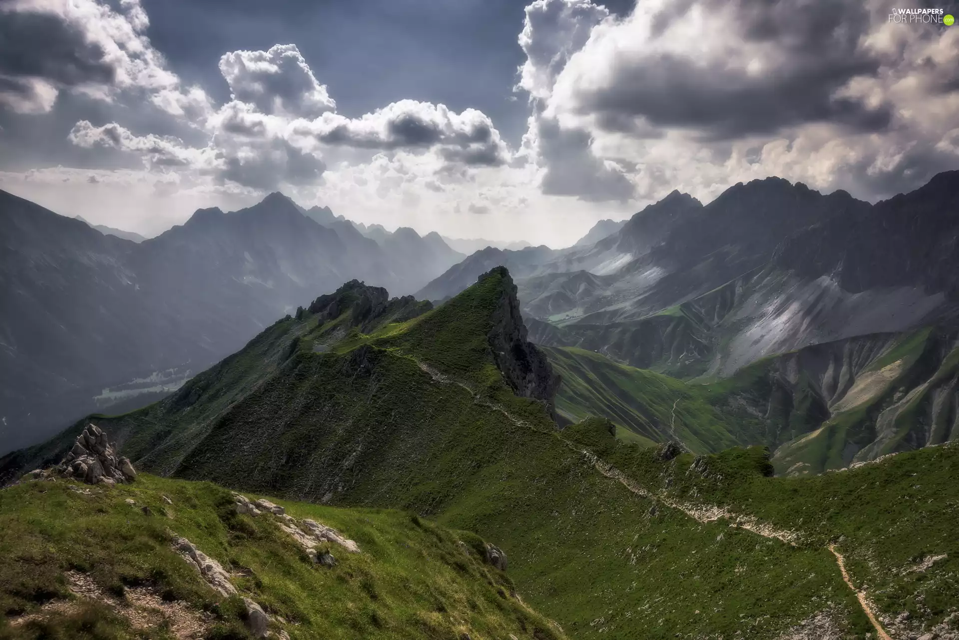 grass, clouds, peaks, Way, Mountains