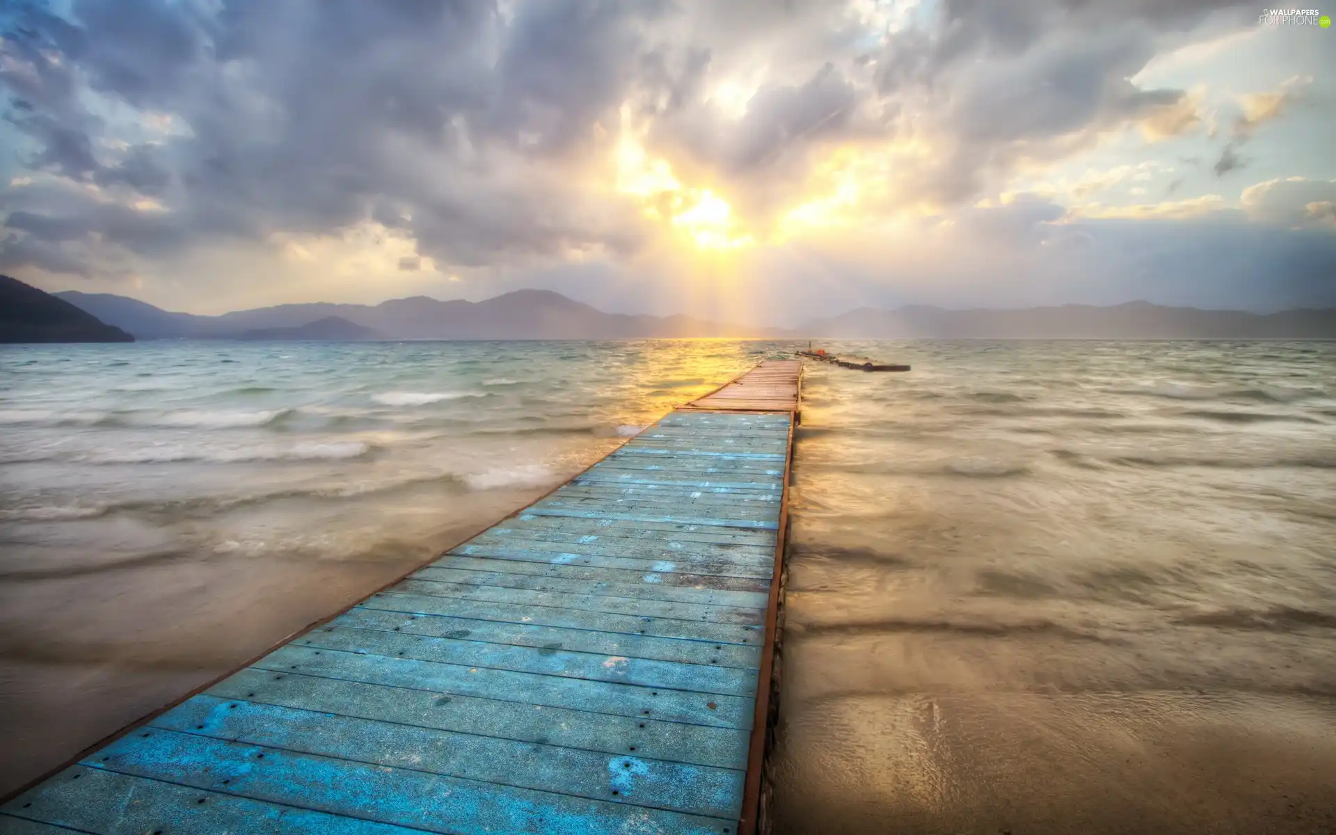 clouds, sea, Platform