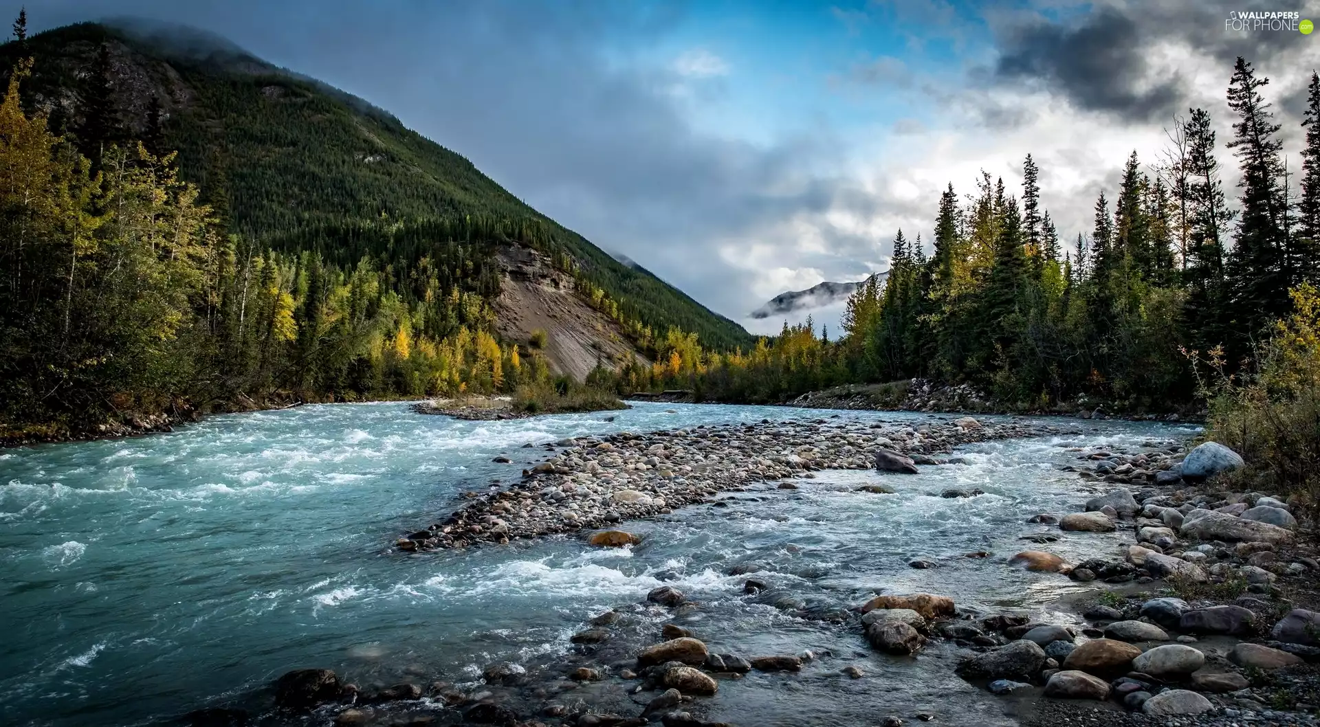 Stones, Mountains, viewes, clouds, trees, River