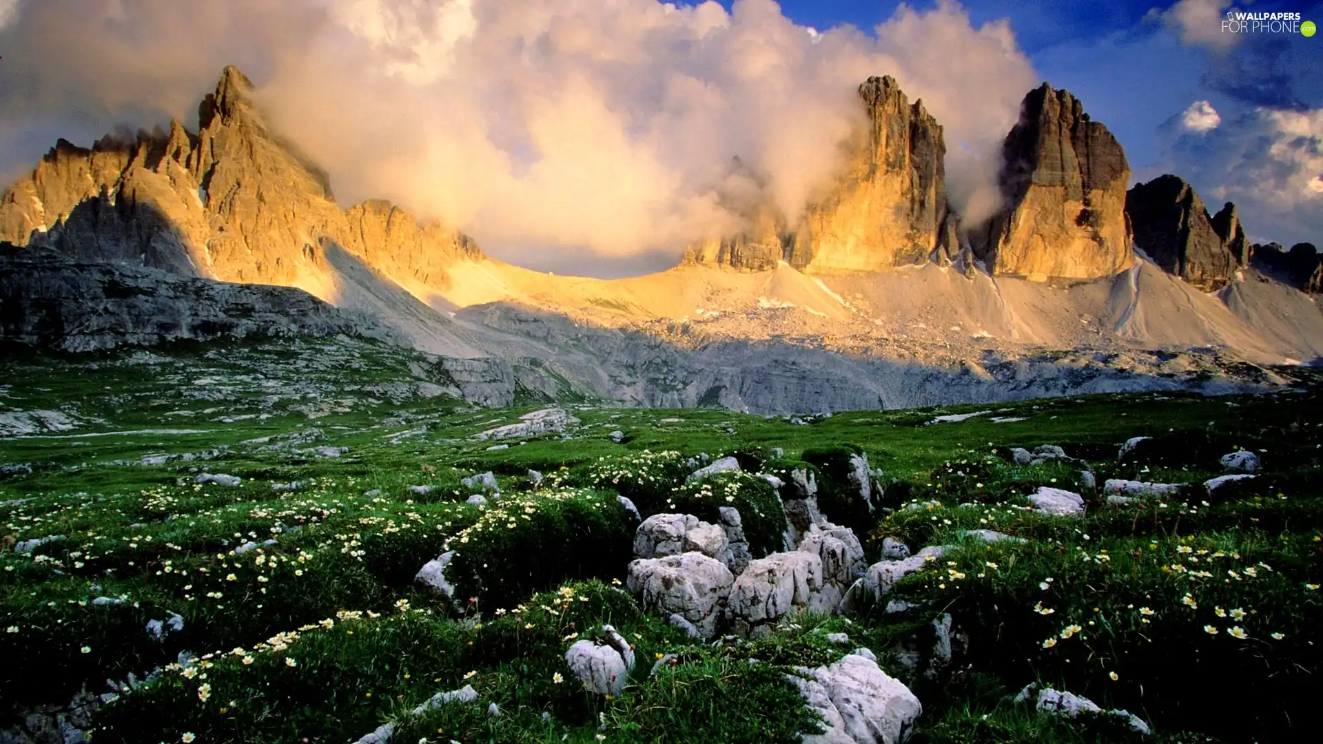 rocks, Meadow, clouds, Mountains