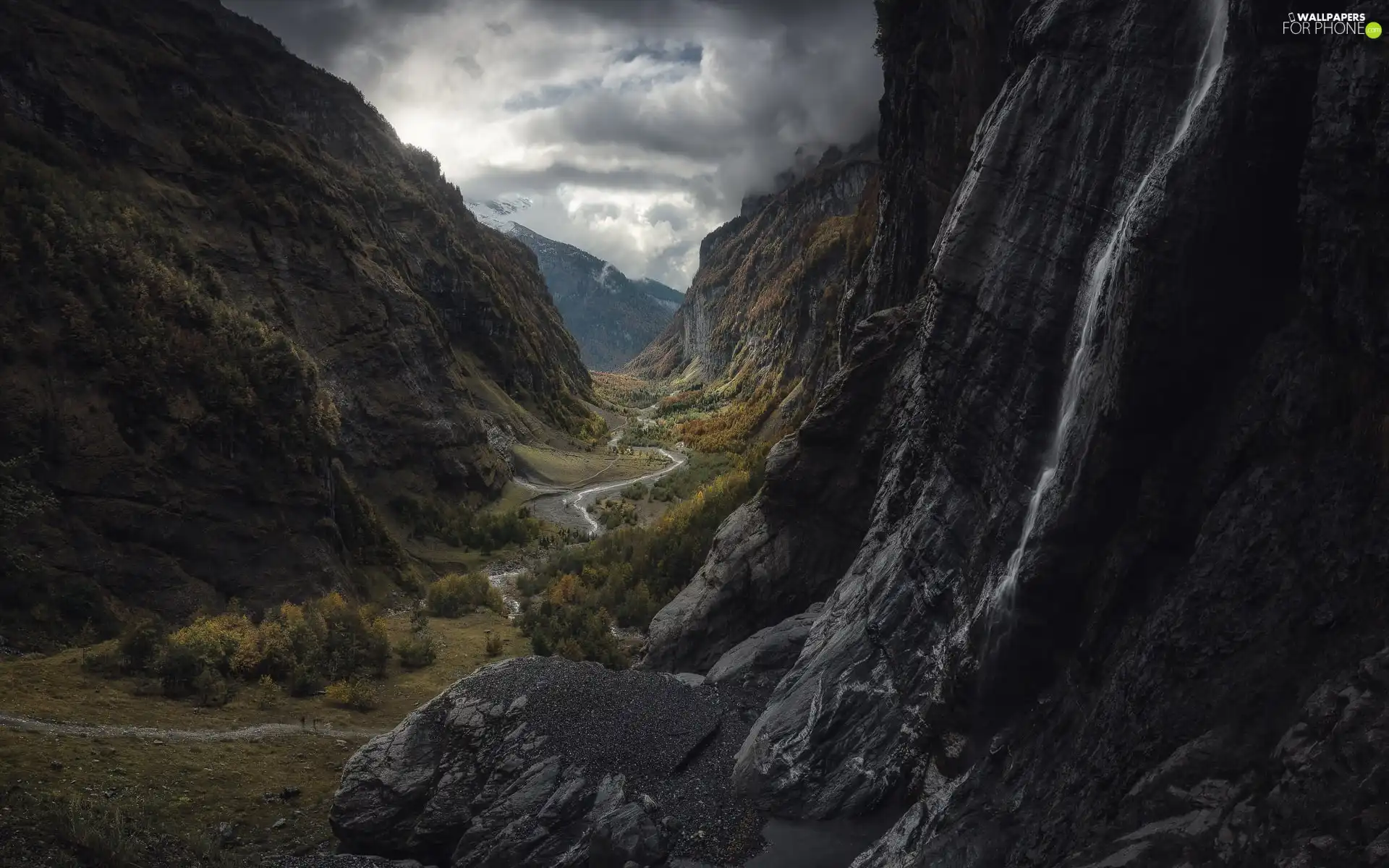 River, clouds, rocks, Valley, Mountains