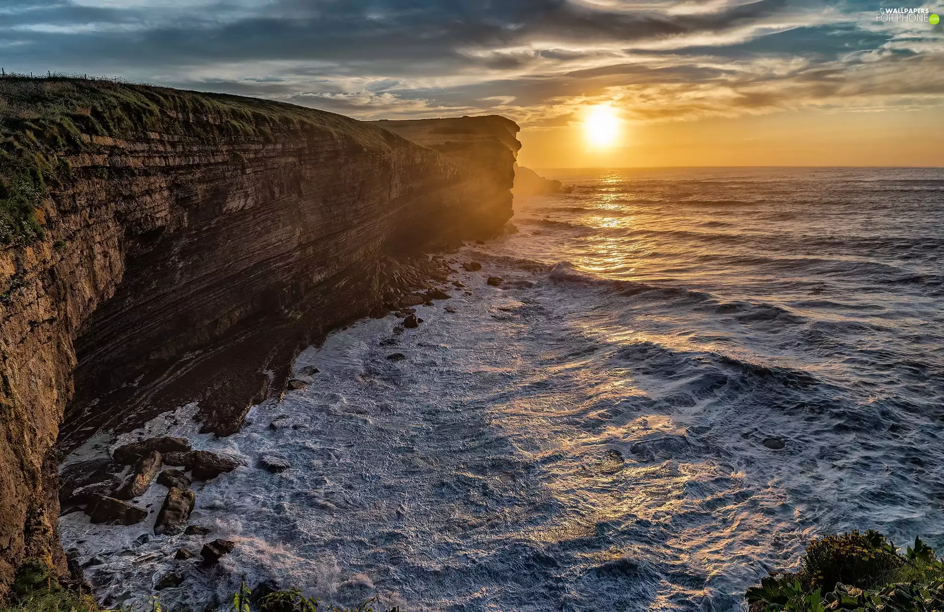 Sunrise, clouds, rocks, cliff, sea