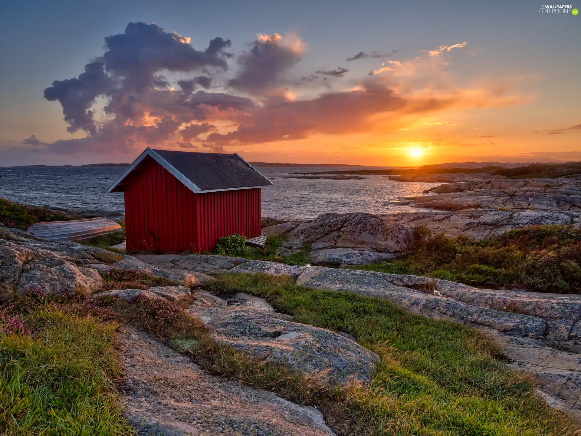 house, sea, Sunrise, clouds, Boat, rocks