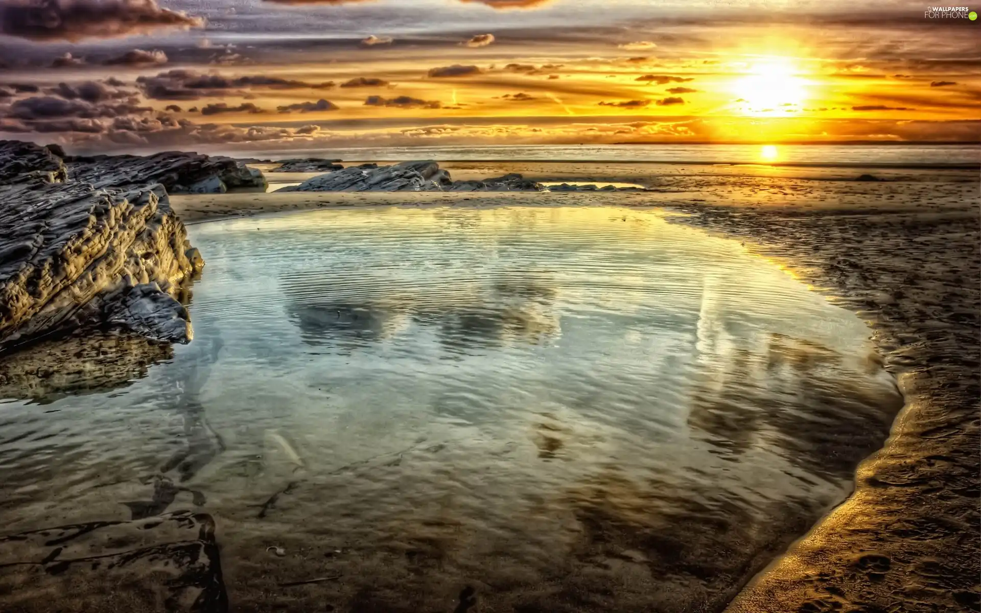 clouds, rocks, sun, lake, west