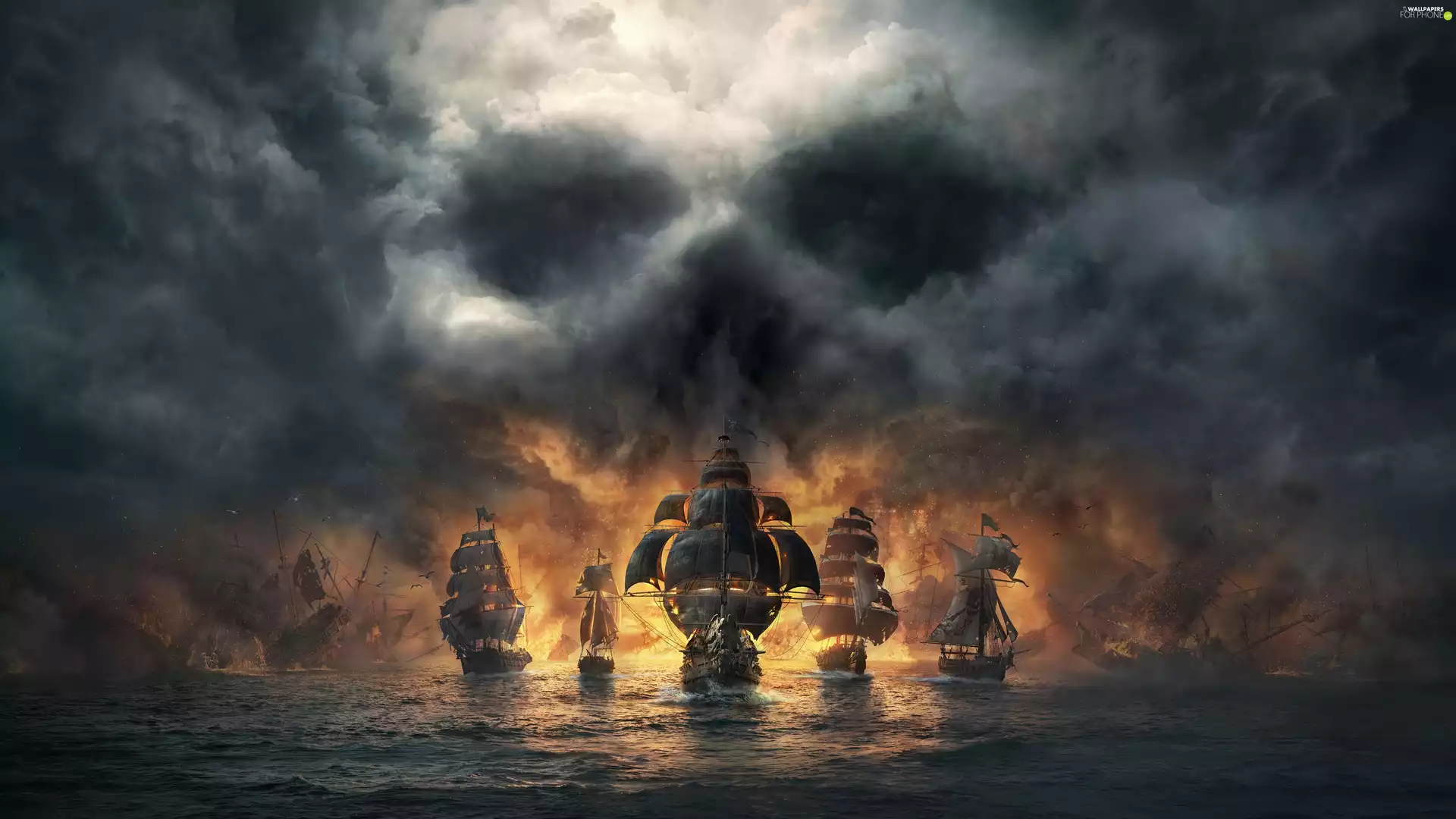 Skull and Bones, clouds, sea, sailboats