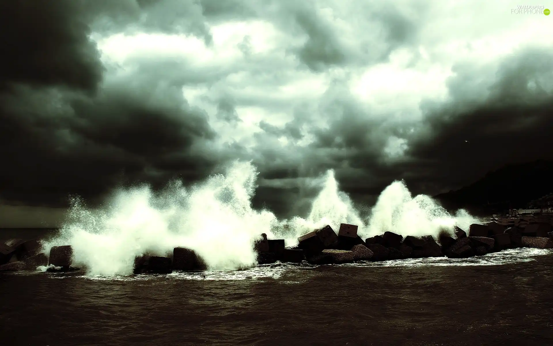 sea, rocks, clouds, Waves